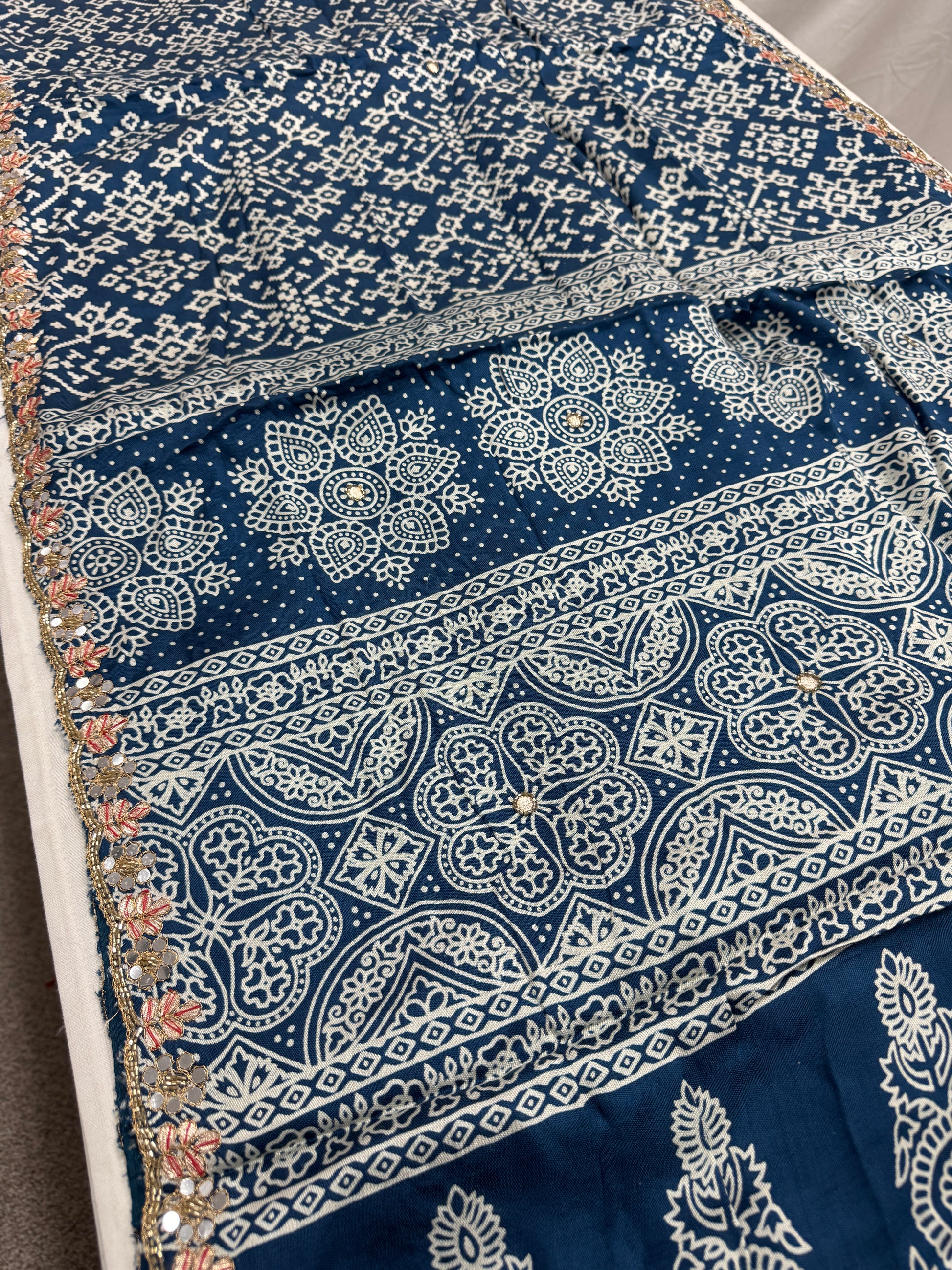 Neelima : Cobalt Blue Modal Silk Ajrakh Saree with Hand Embroidery Work image 5