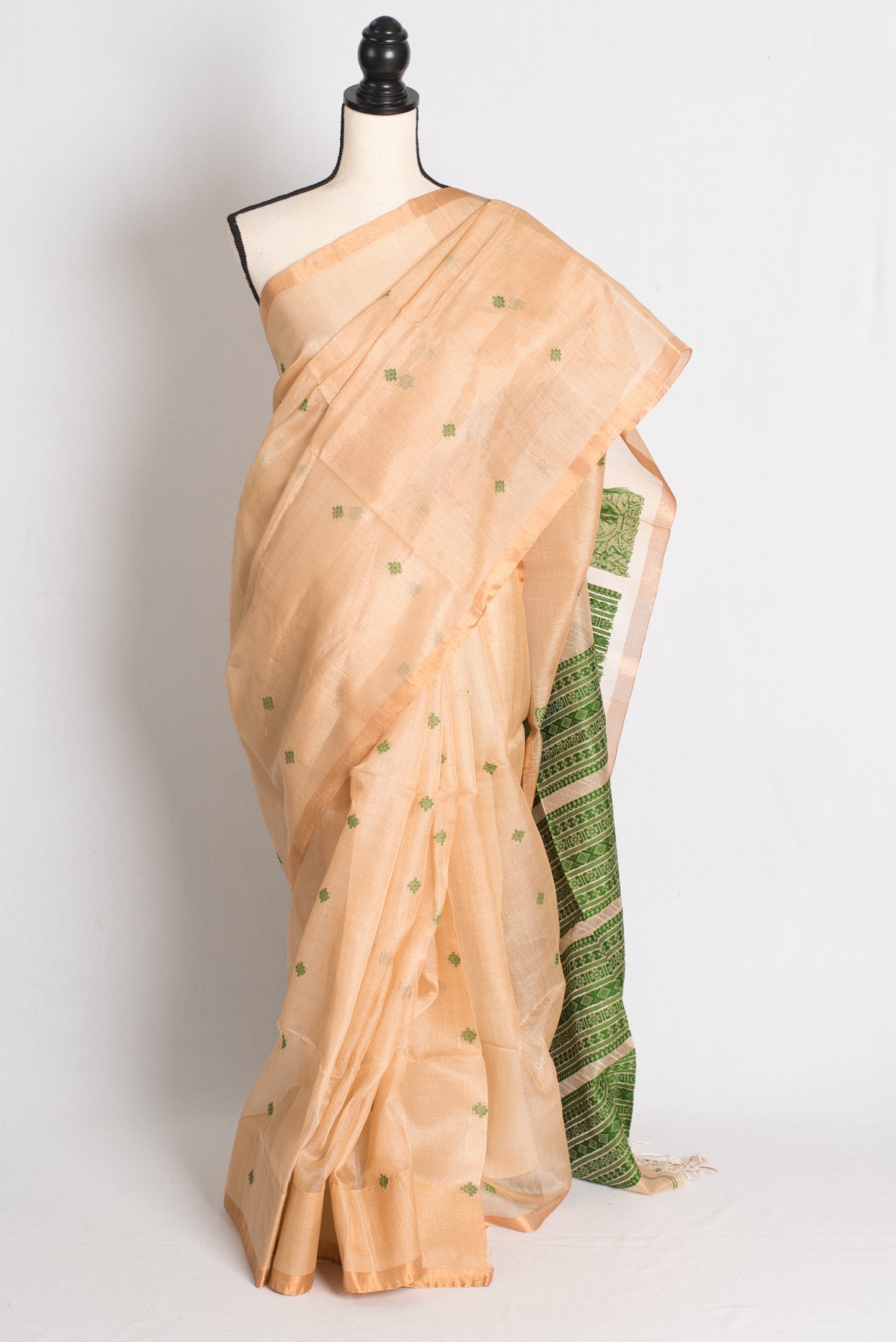 Prerna : Bengal Handloom Tussar Silk Saree in Beige and Green image 0