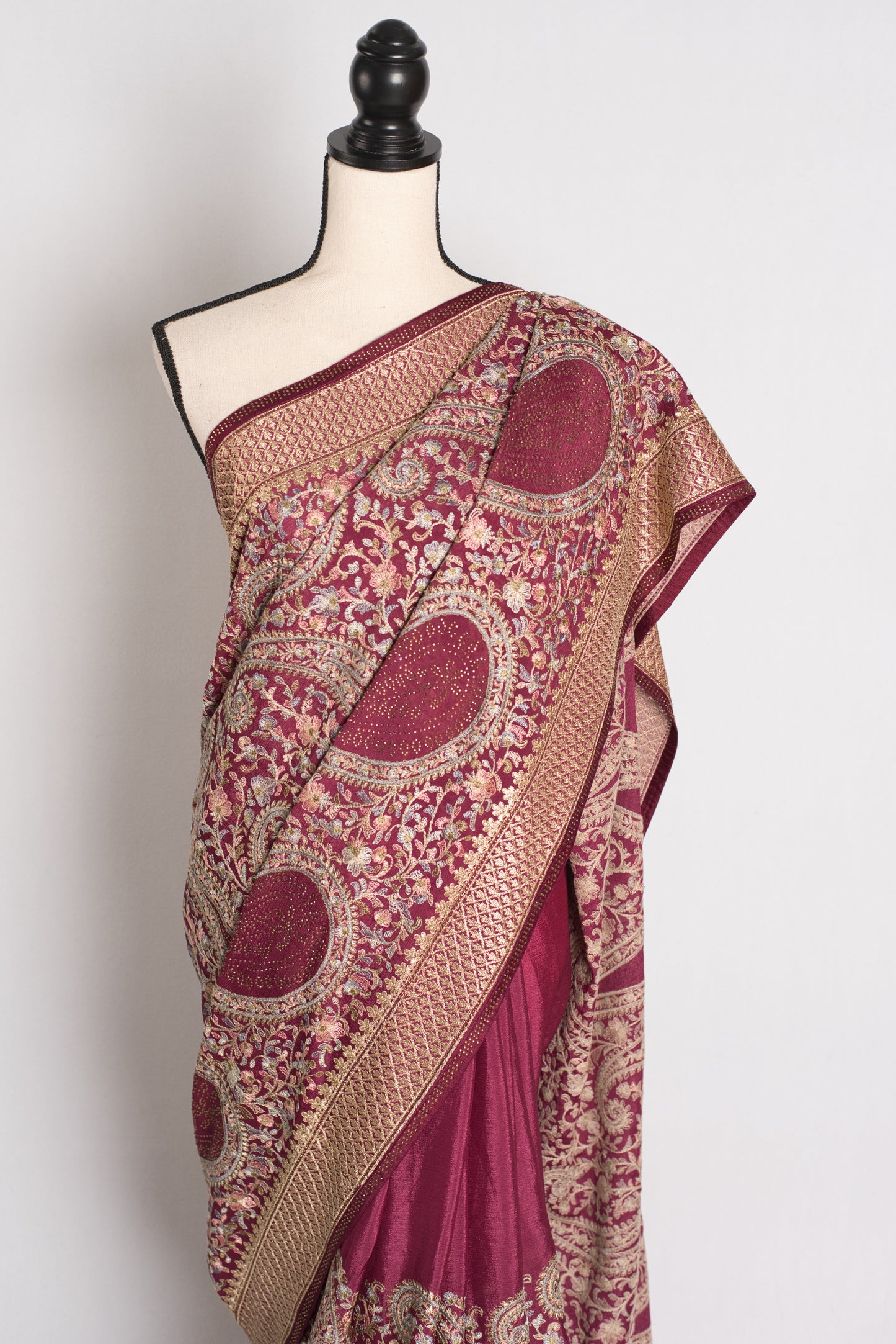 Sharvani - Wine Kashmiri Embroidered Crepe Partywear Saree image 6