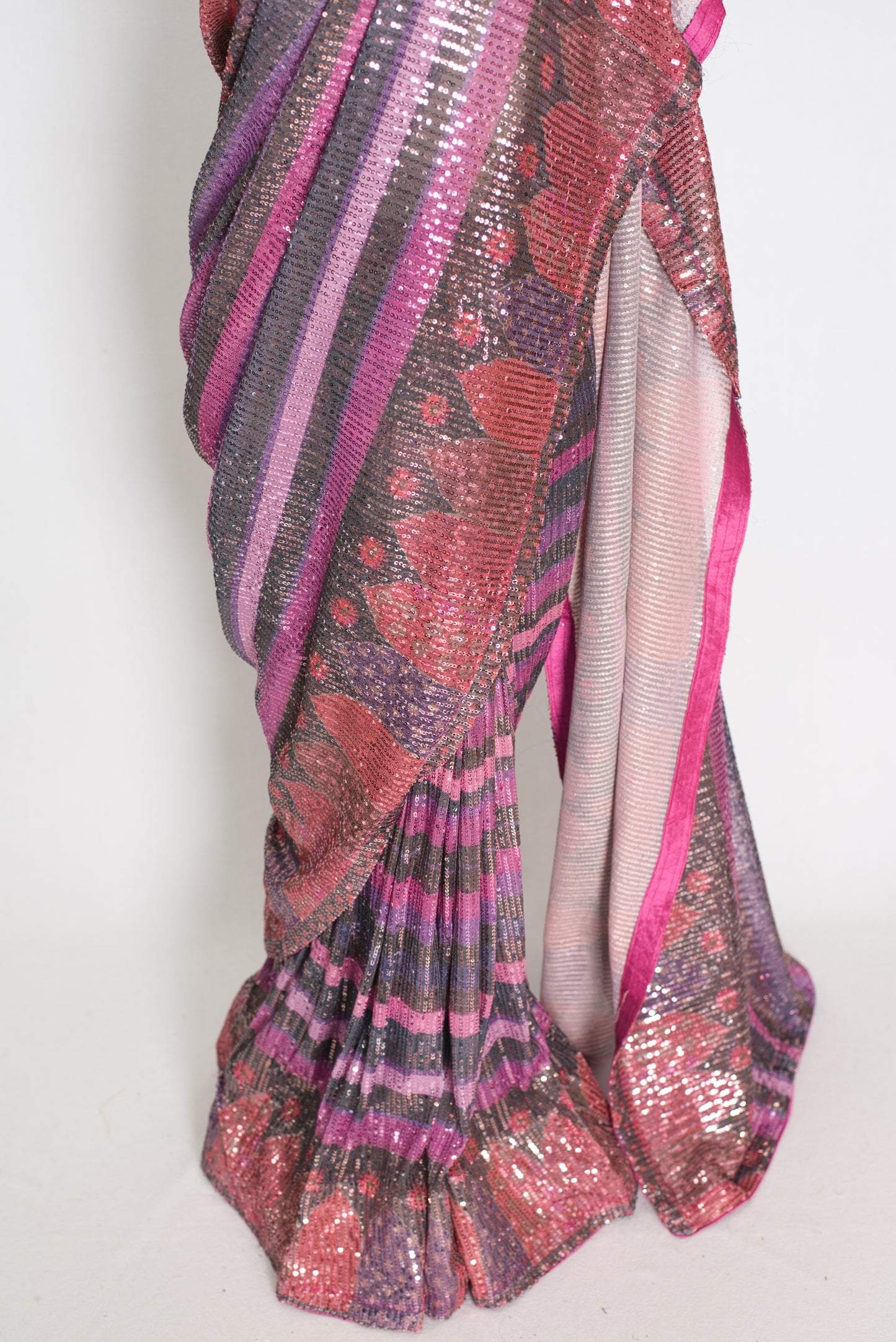 Ruhi | Pink Designer Sequin Saree | Bollywood Style Multi-Tonal Striped Shimmer image 6