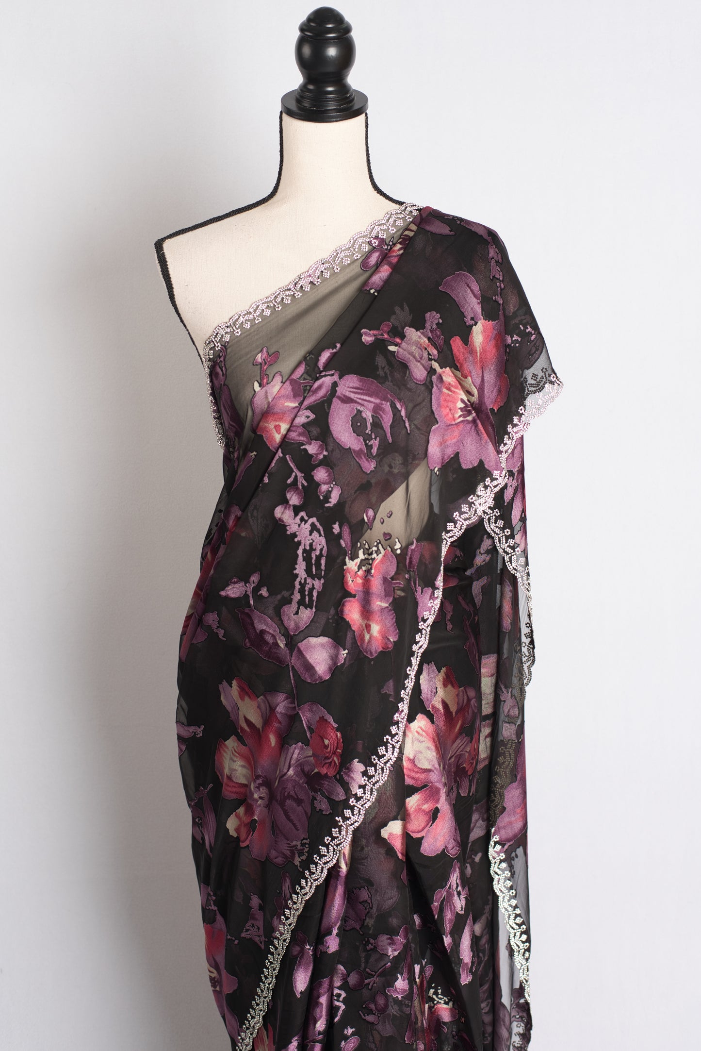 Velvet Mist - Black Floral Brasso Saree with Feather-light Drape image 5