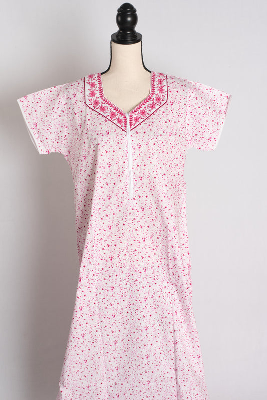 White and Pink Printed Pure Cotton Nightwear in Regular Size image 0