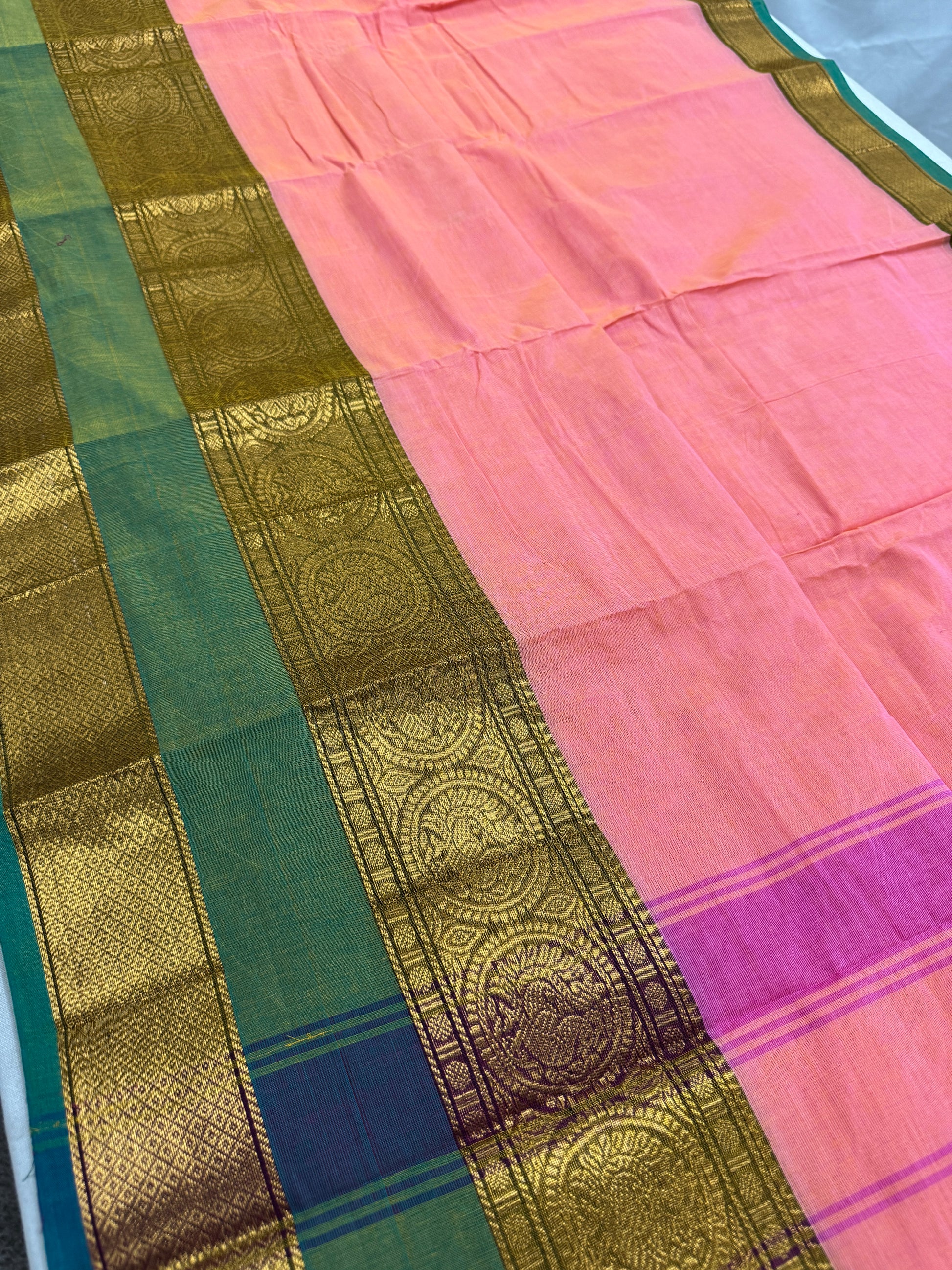 Bhumi : Handwoven Kanchi Cotton Saree in Peach and Green image 2