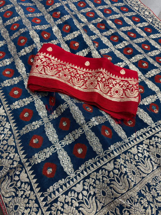 Parul | Dark Blue & Red Gharchola Banarasi Saree | Silver Zari Dola Silk image 1