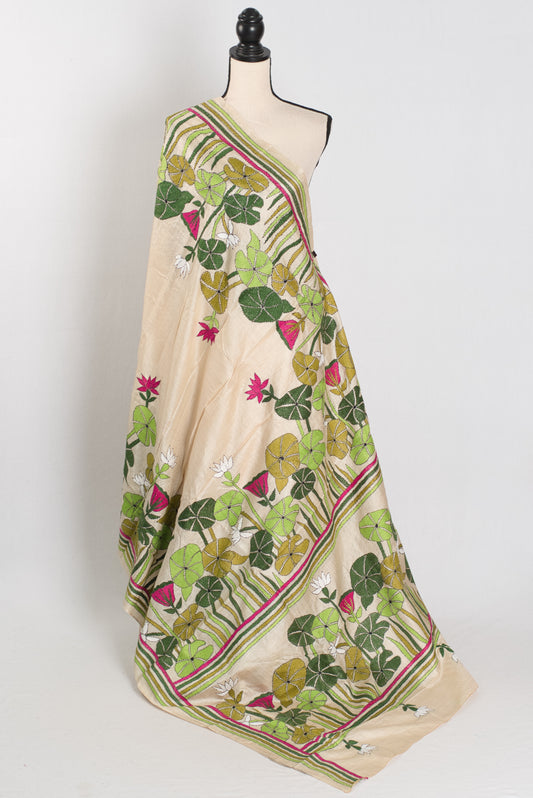 Mitra: Hand Embroidery Kantha Stitch Pure Gachi Tussar Silk Saree image 1