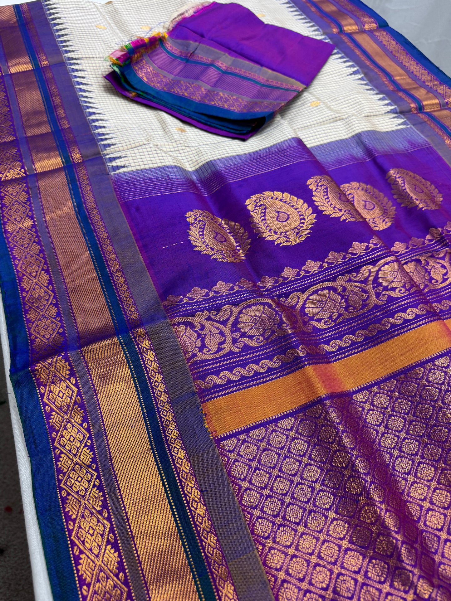 Vyanika - Handwoven Off White and Purple Traditional Gadwal Silk Saree image 1