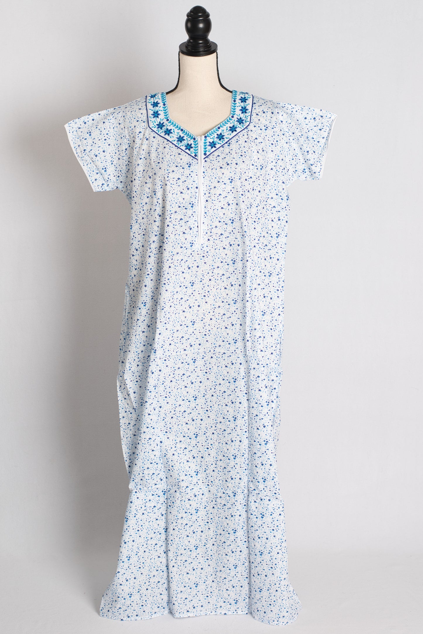 White and Blue Printed Pure Cotton Nightwear in Regular Size image 1