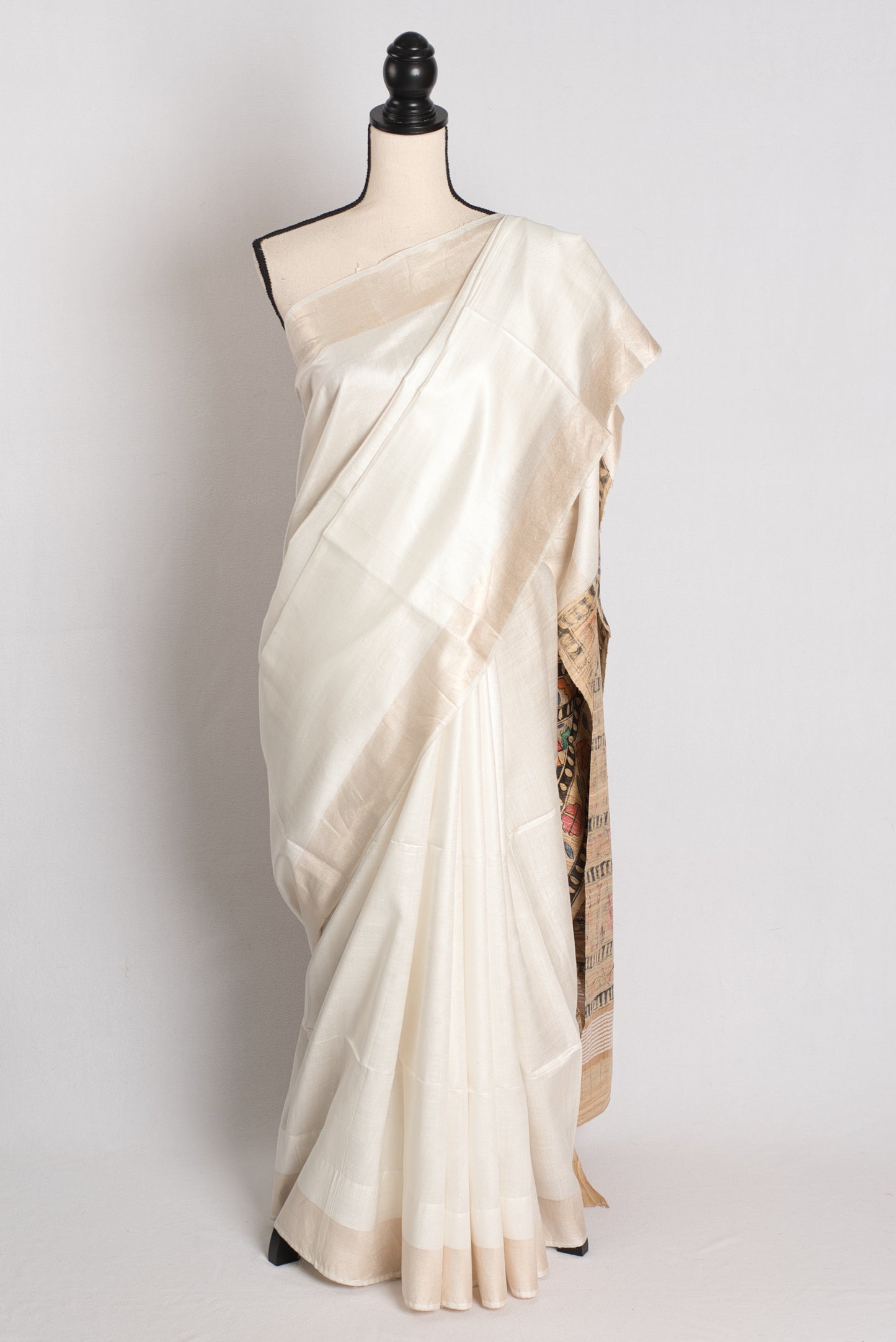 Shwetraag - Hand-Painted Madhubani Staple Tussar Saree in Pristine White image 1