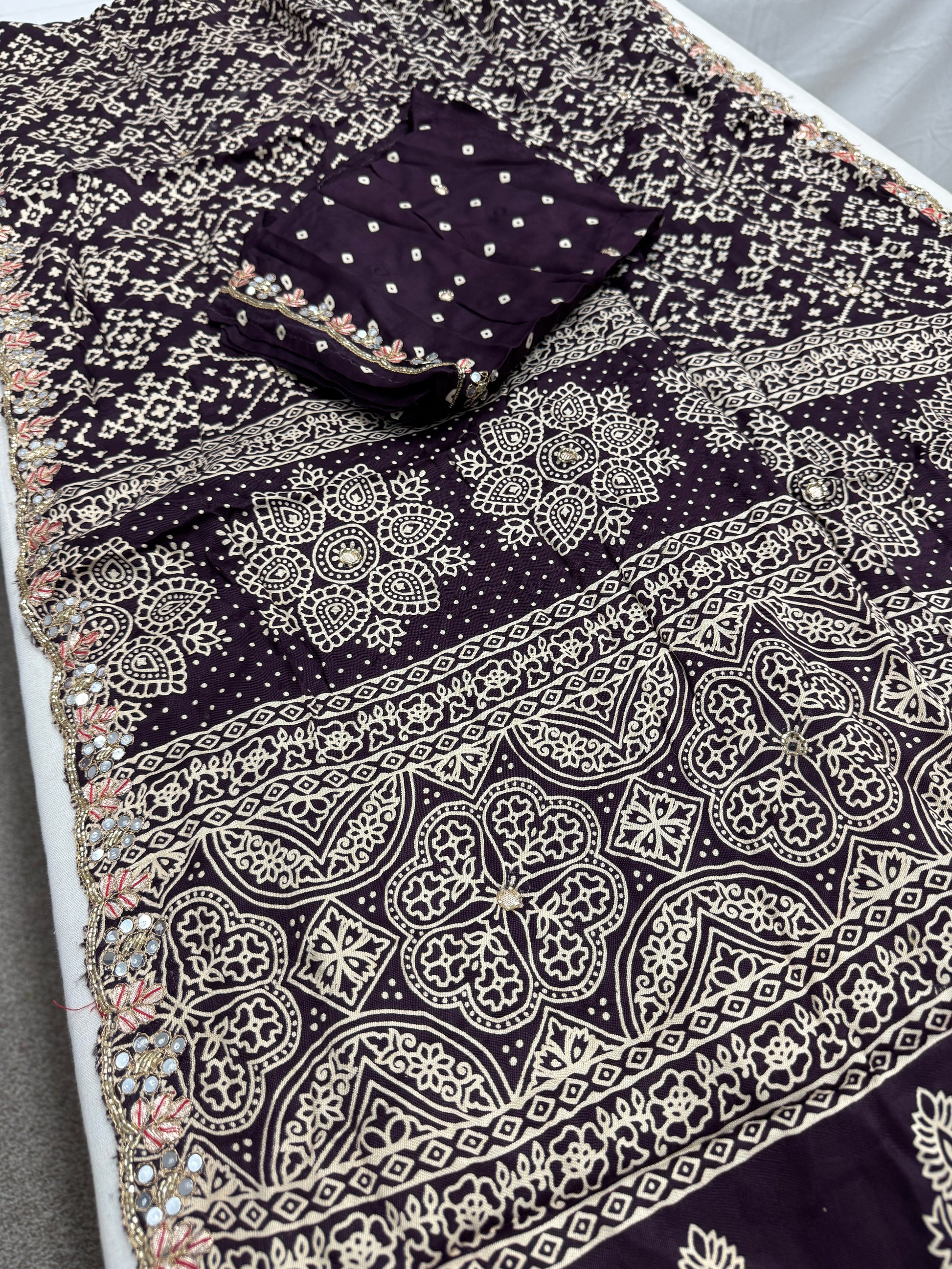 Zehra : Burgundy Modal Silk Ajrakh Saree with Hand Embroidery Saree image 2