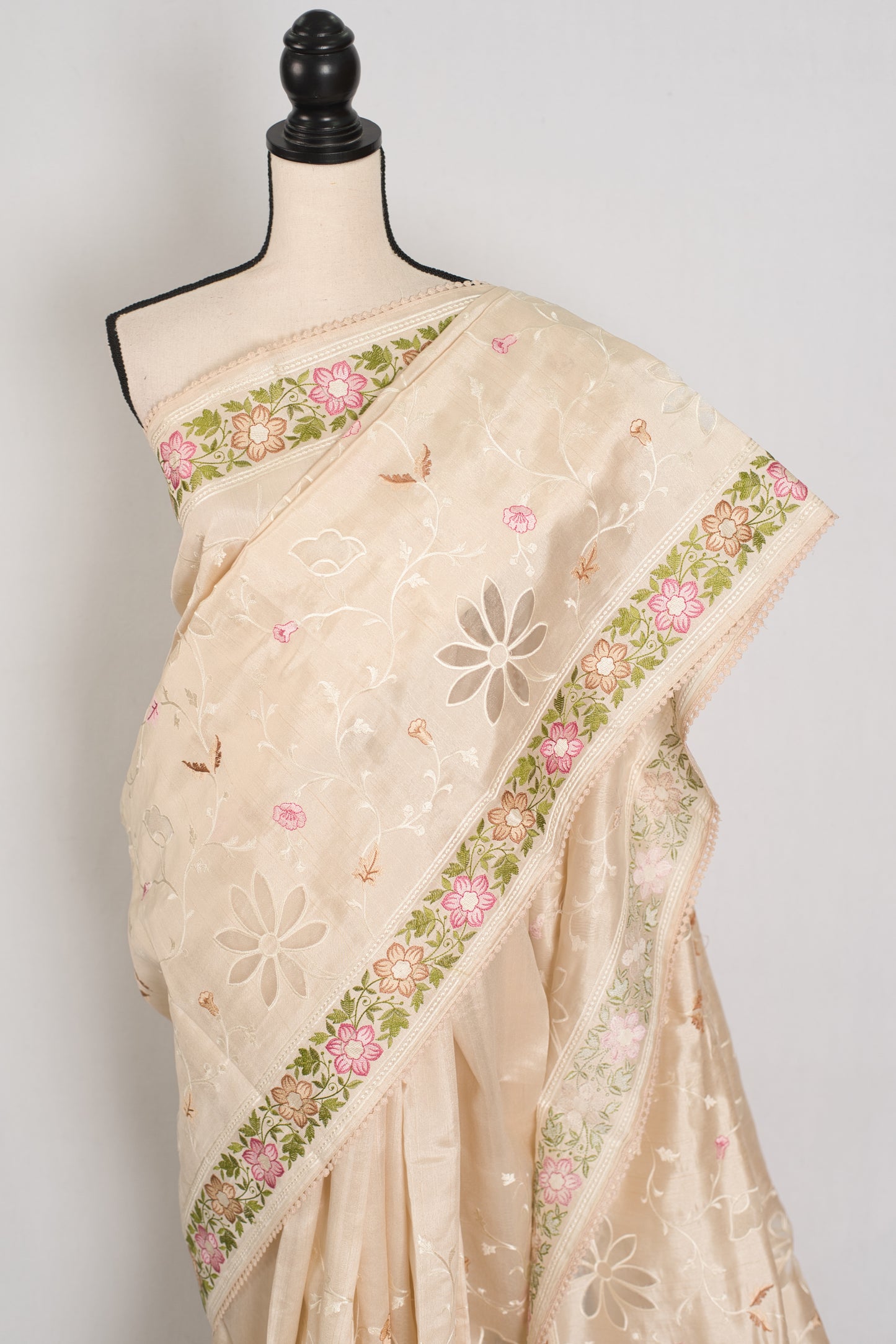 Shreya: Cream Semi Tussar Silk Saree with Multi-Color Cut Work Embroidery image 6