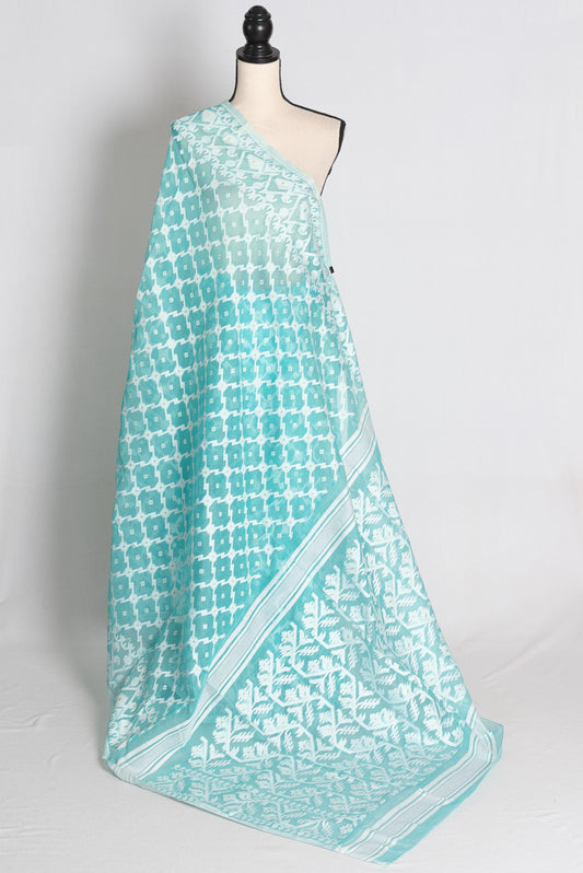 Turquoise Blue and White Jamdani saree — front view