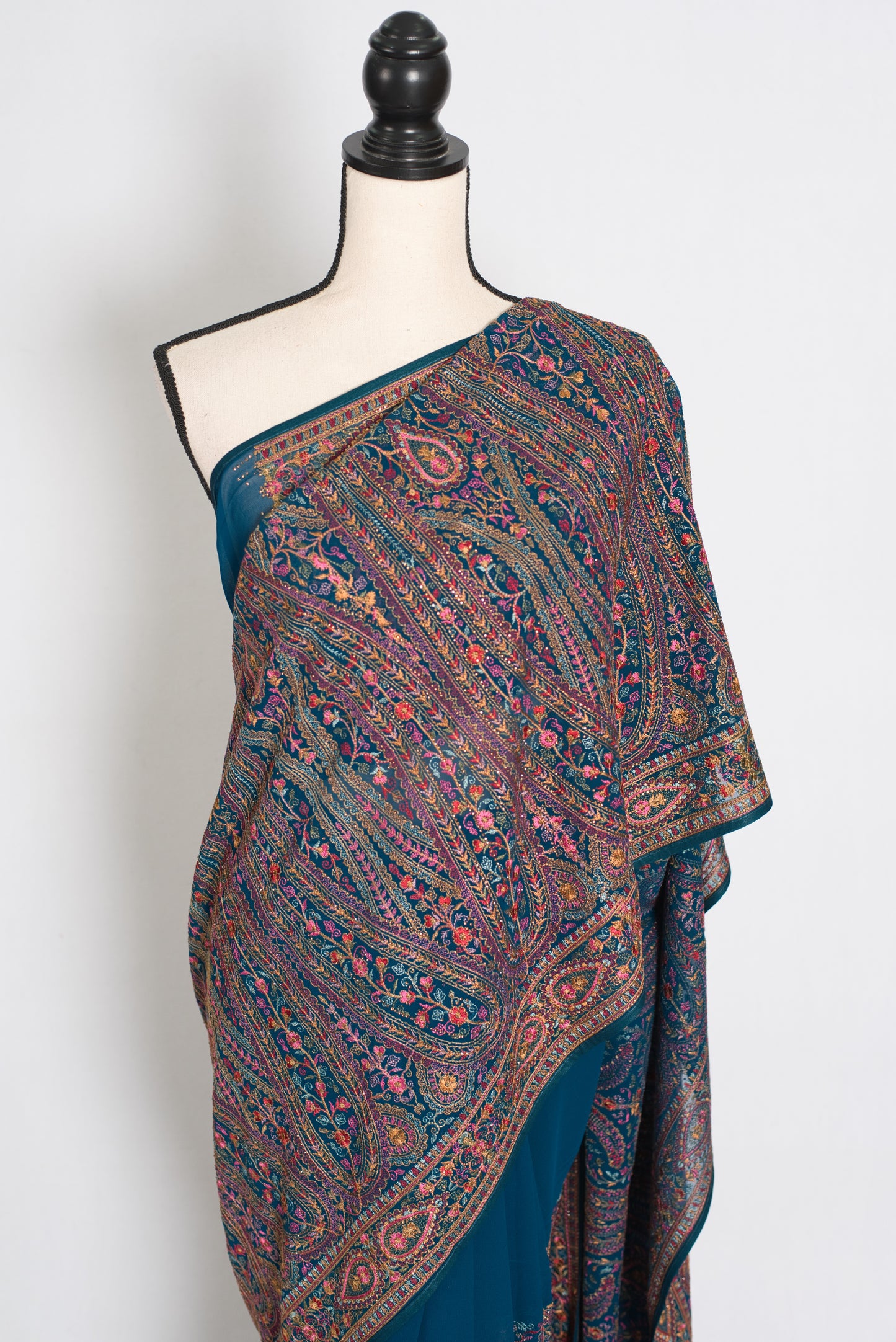 Mira | Cobalt Blue Georgette Saree | All-Over Multicolor Kashmiri Embroidery image 6