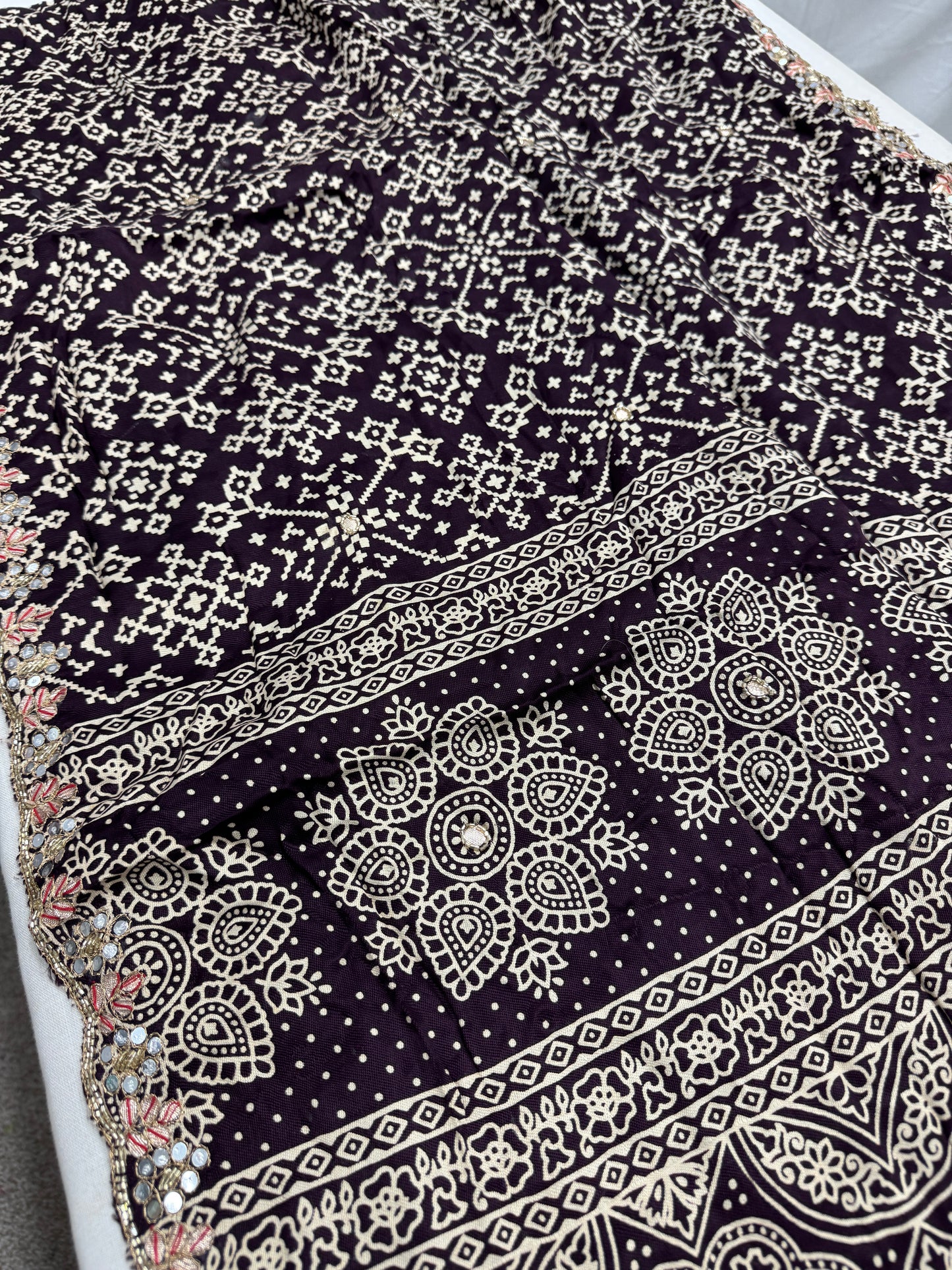 Zehra : Burgundy Modal Silk Ajrakh Saree with Hand Embroidery Saree image 3