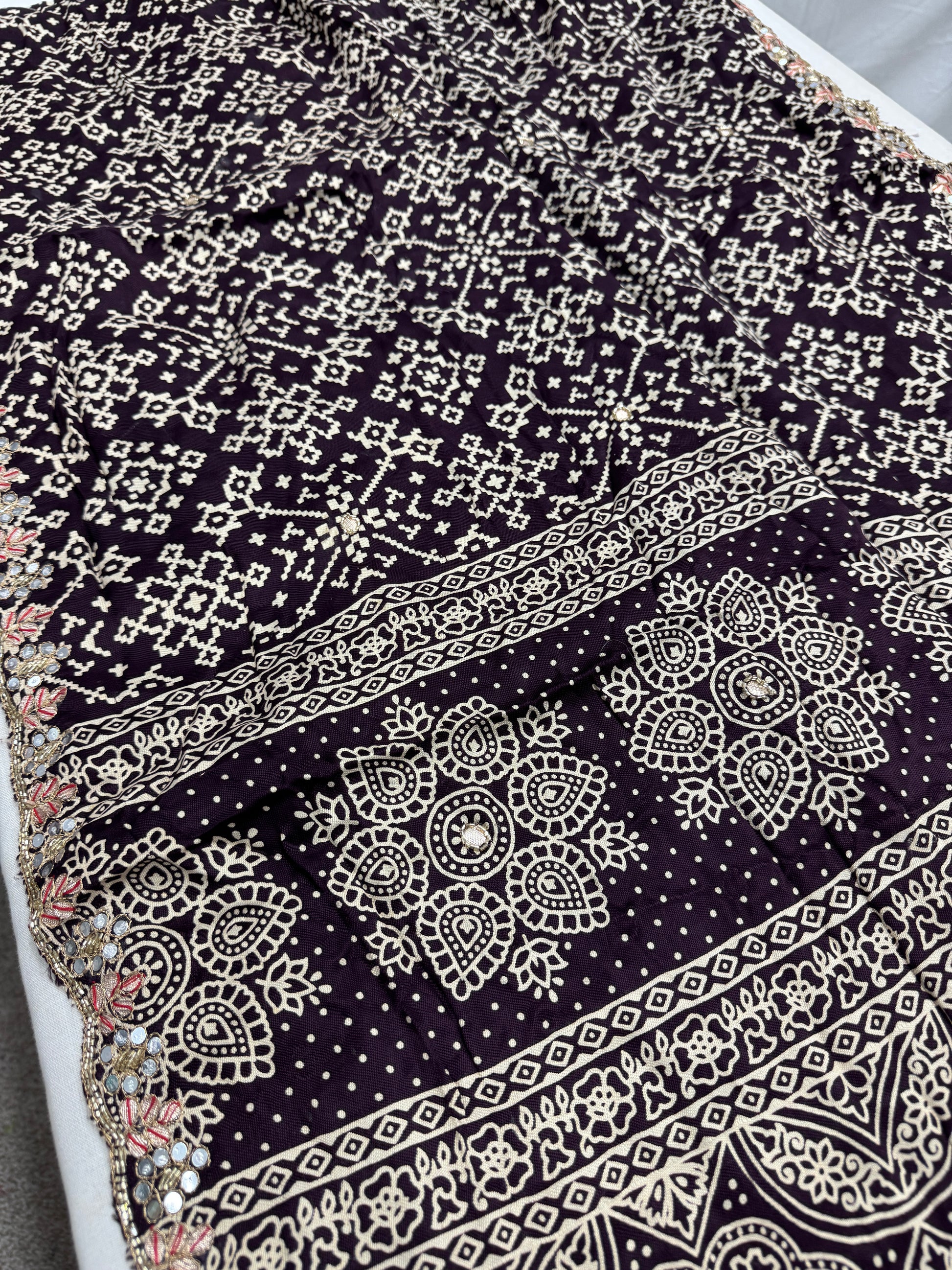 Zehra : Burgundy Modal Silk Ajrakh Saree with Hand Embroidery Saree image 3