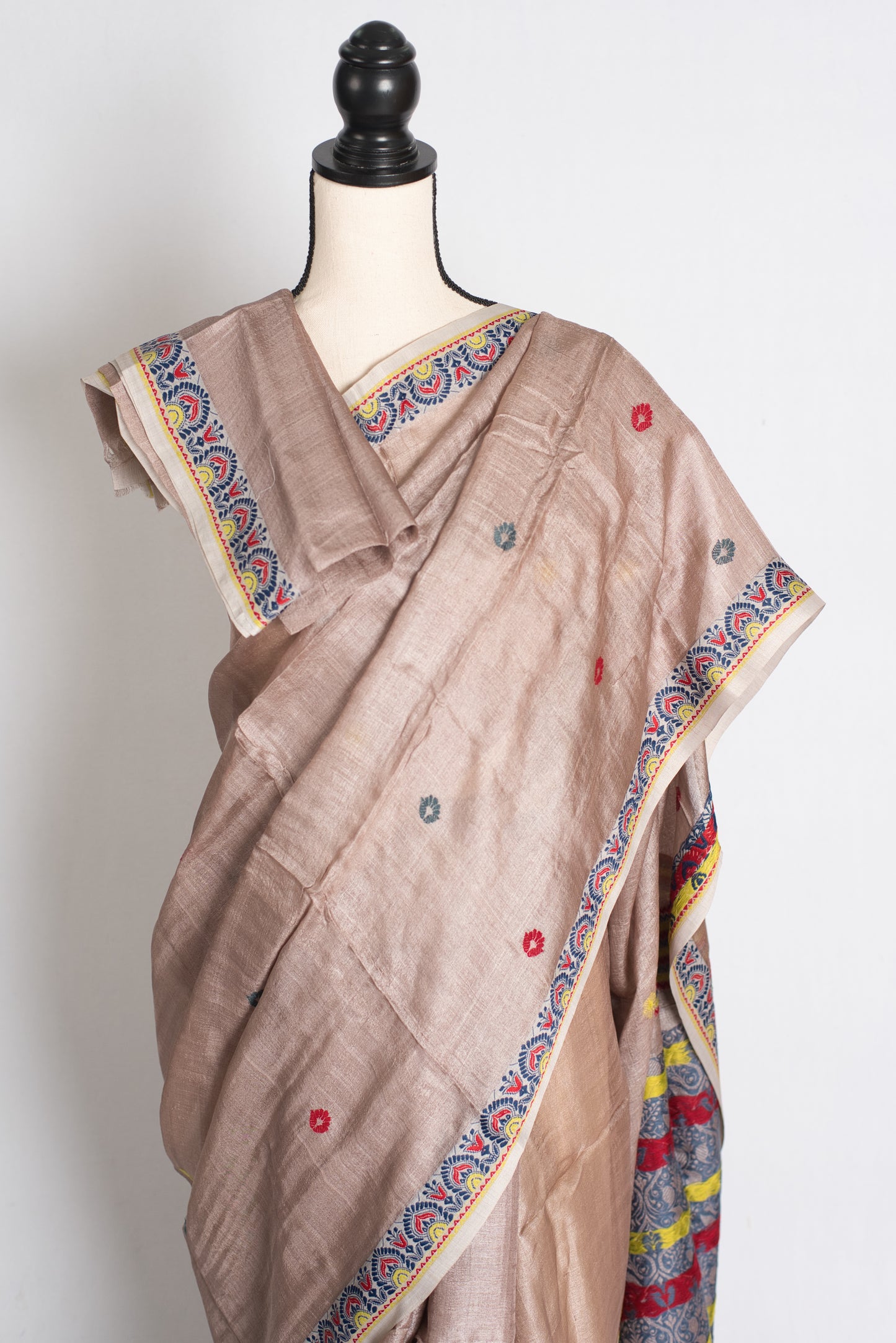 Charulata : Bengal Tussar Silk Saree in English Brown with Multicolour Buti image 2