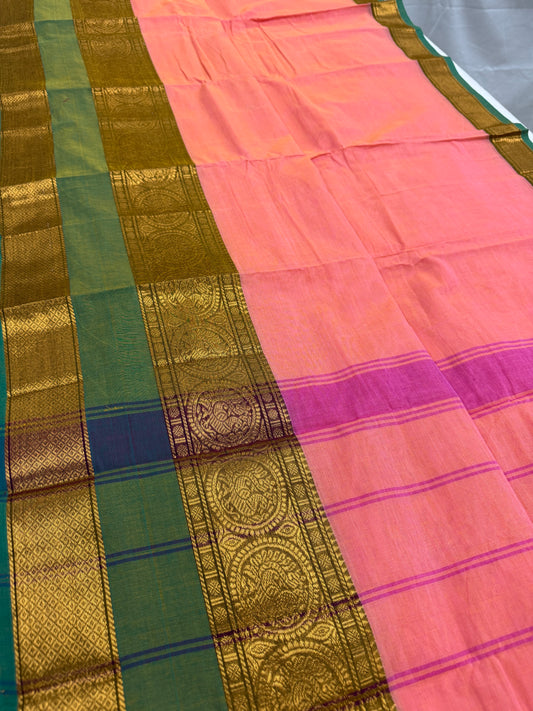 Bhumi : Handwoven Kanchi Cotton Saree in Peach and Green image 0