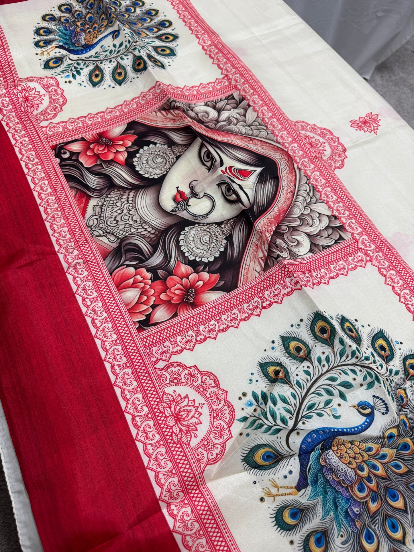 Durgaayana : Off-White and Red Semi Silk Printed Saree for Durga Puja image 4