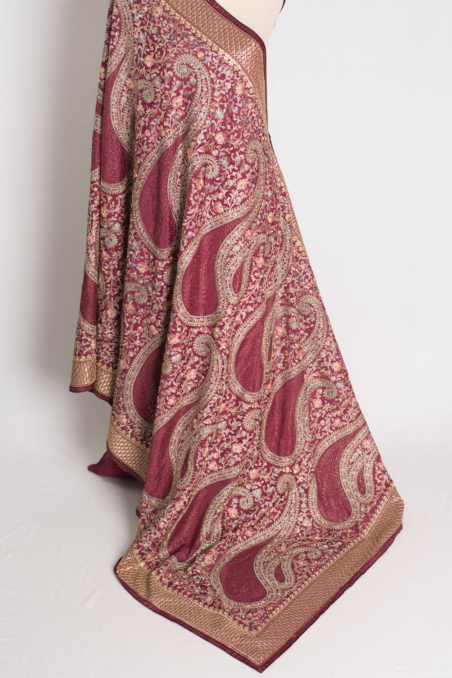 Sharvani - Wine Kashmiri Embroidered Crepe Partywear Saree image 4