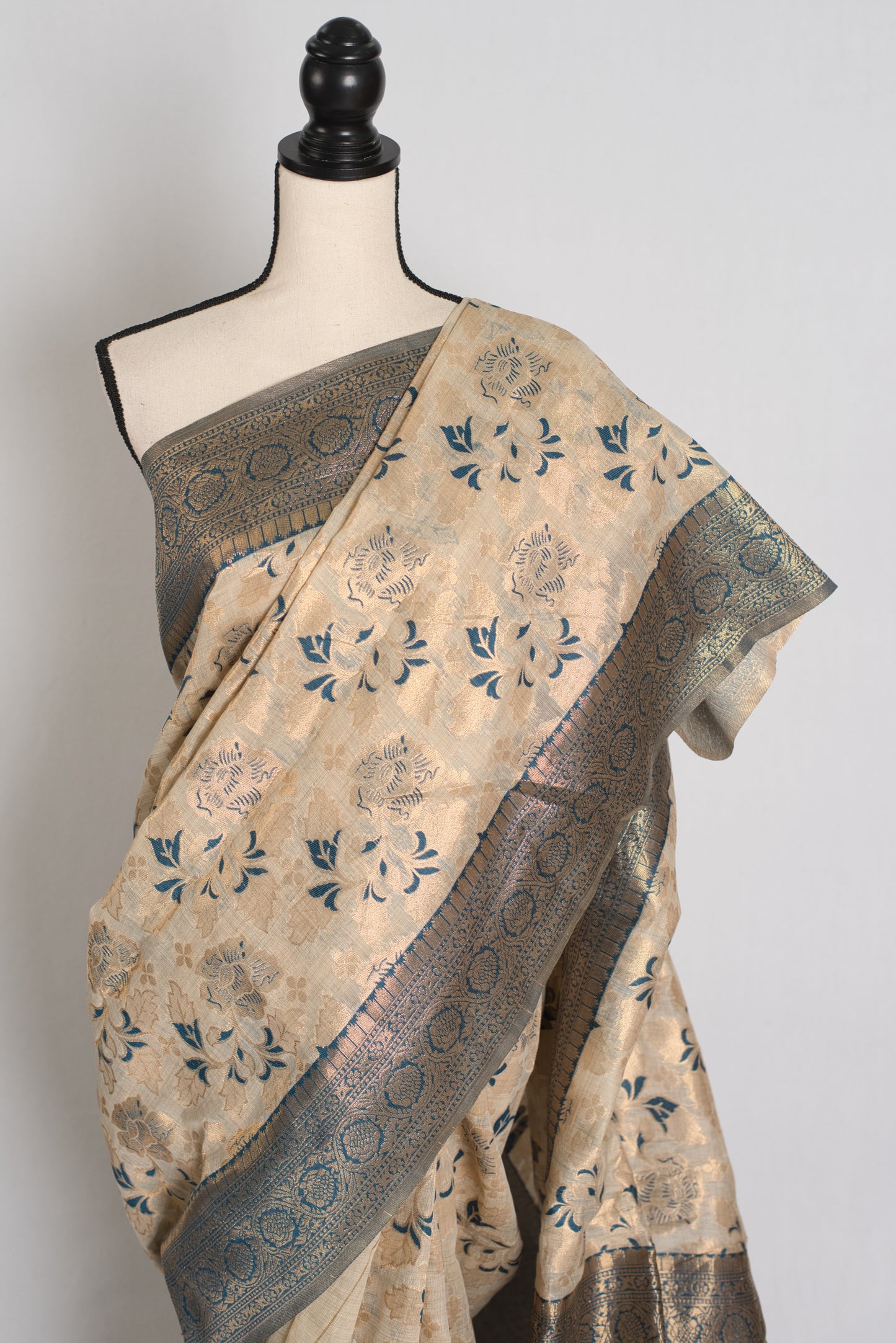 Jamini: Budget Friendly Blended Cotton Banarasi Saree in Beige and Blue image 5