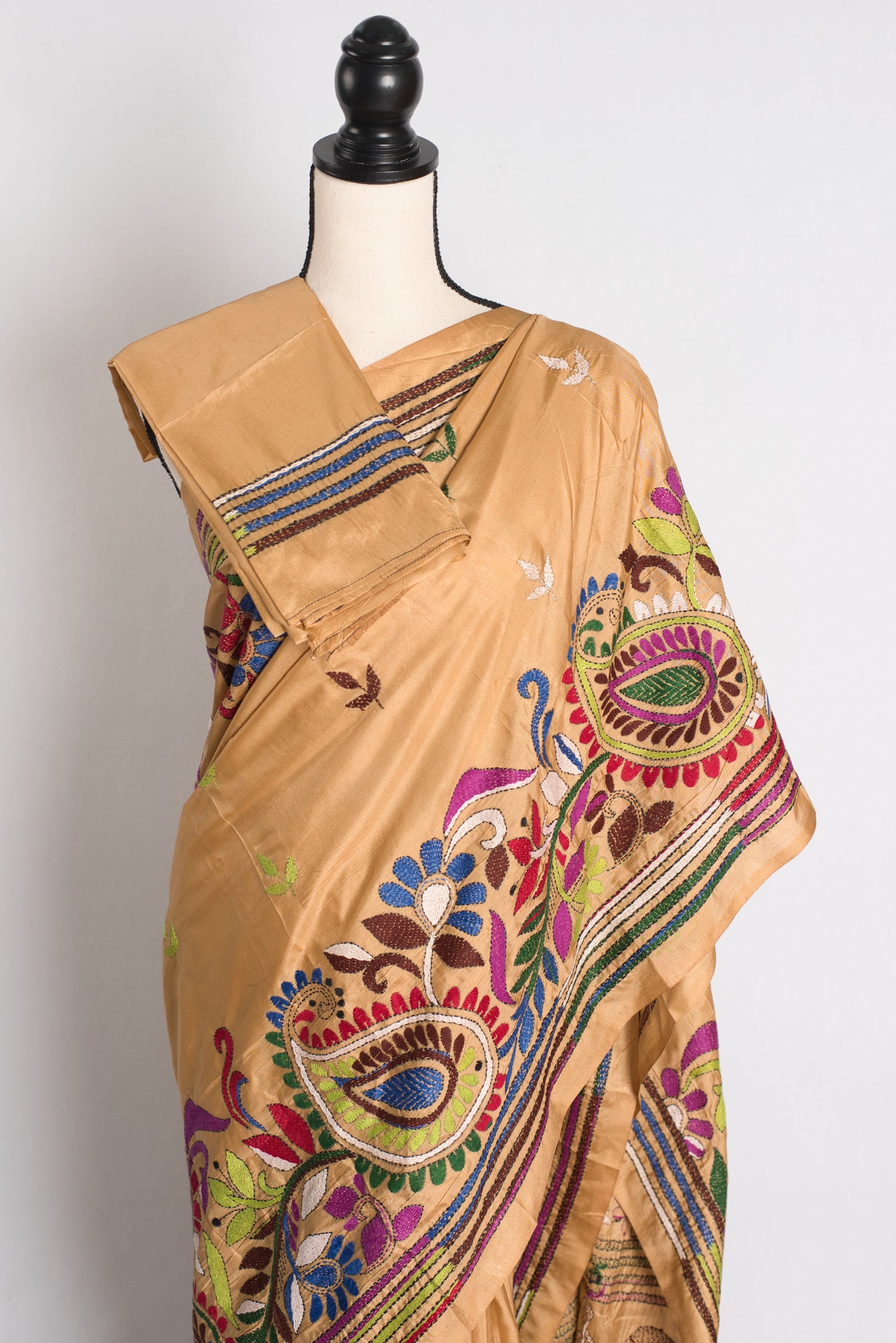 Mrittika - Brown Blended Silk Hand Embroidered Kantha Stitch Saree image 2