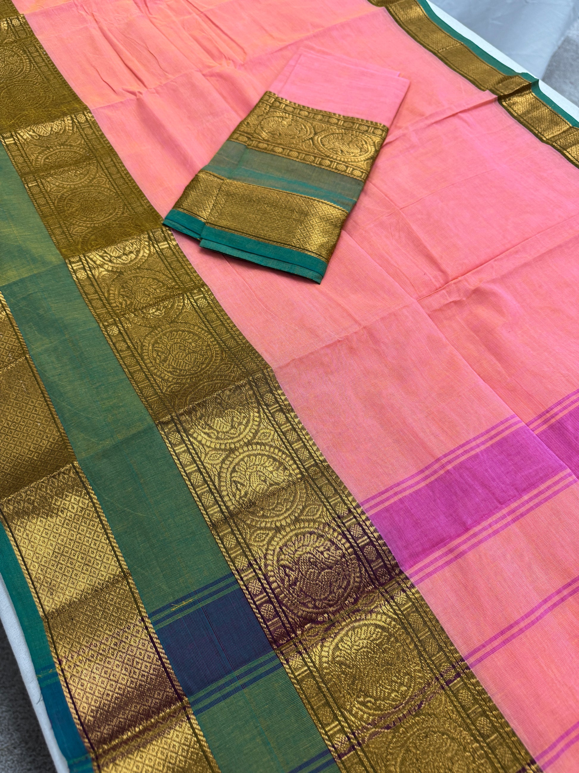 Bhumi : Handwoven Kanchi Cotton Saree in Peach and Green image 1