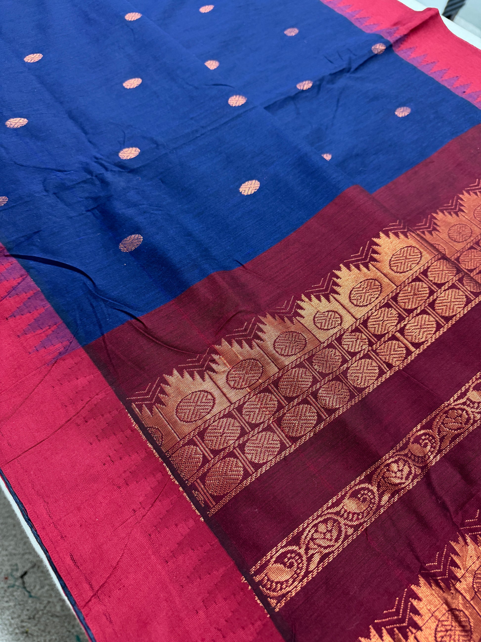 Hema : Blended Cotton Gadwal Saree in Midnight Blue and Dark Red image 0