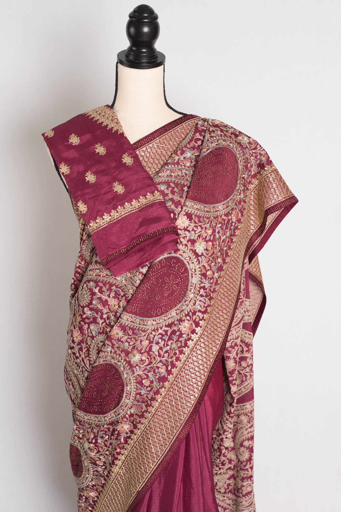 Sharvani - Wine Kashmiri Embroidered Crepe Partywear Saree image 3