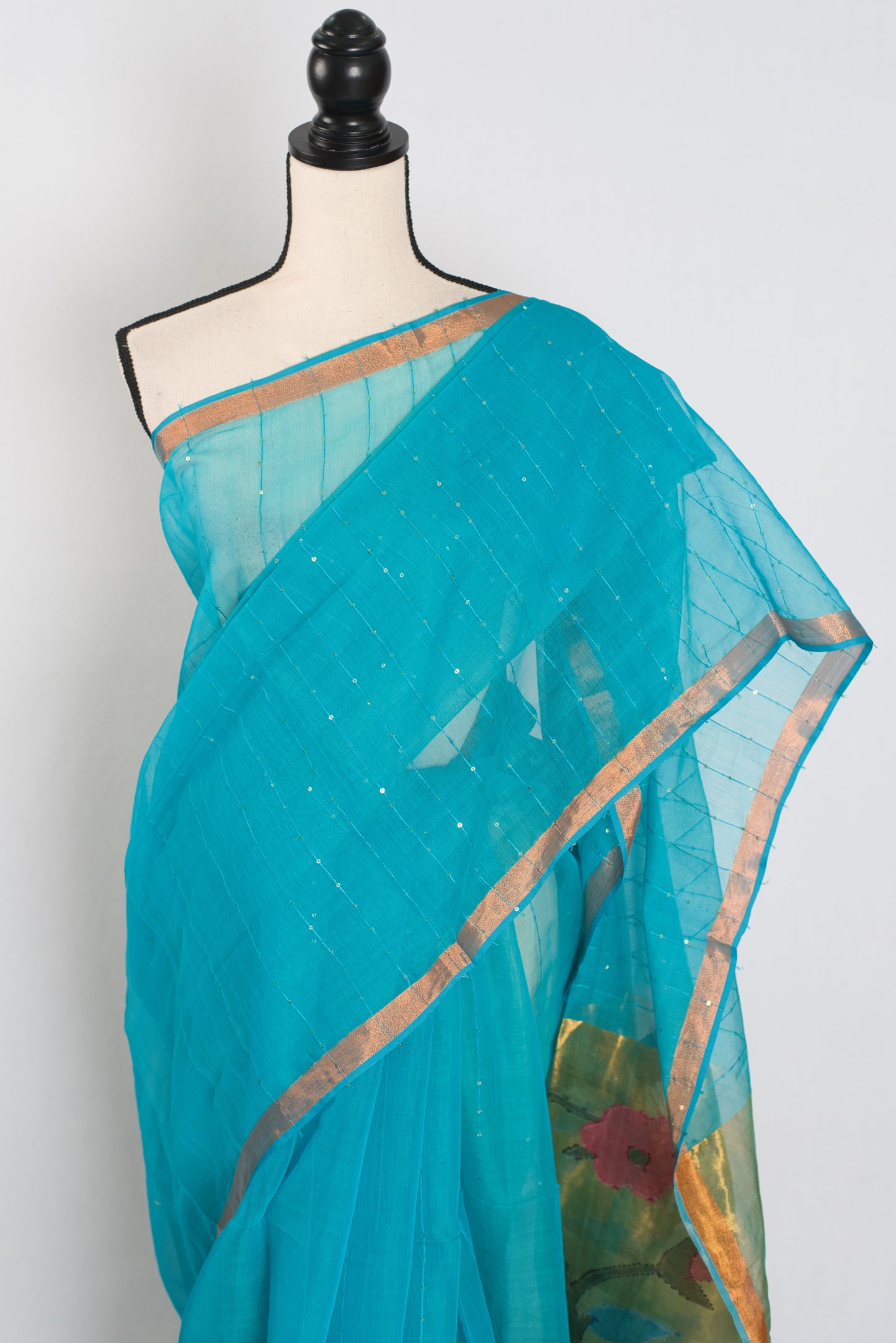 Shukti: Turquoise Blue & Gold Muslin Cotton Jamdani Saree | Sequin Weaving image 6