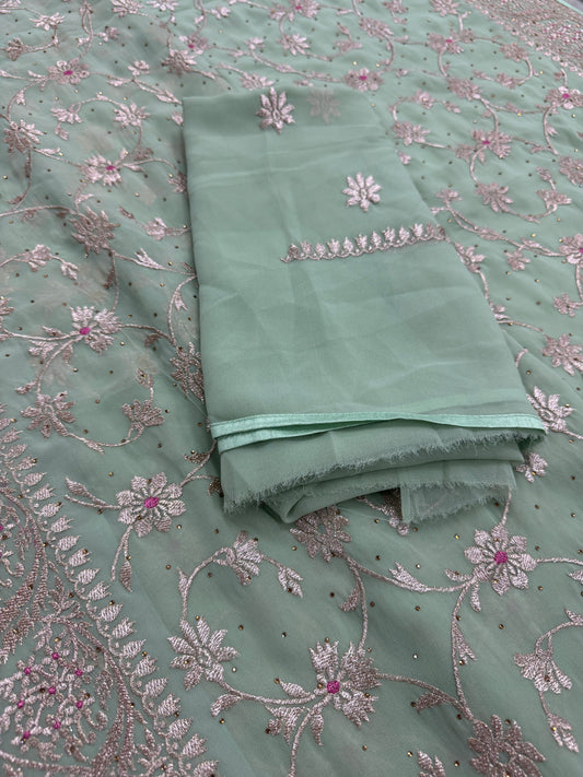 Pooja | Sea Green Georgette Partywear Saree | Elegant Machine Floral Embroidery image 1