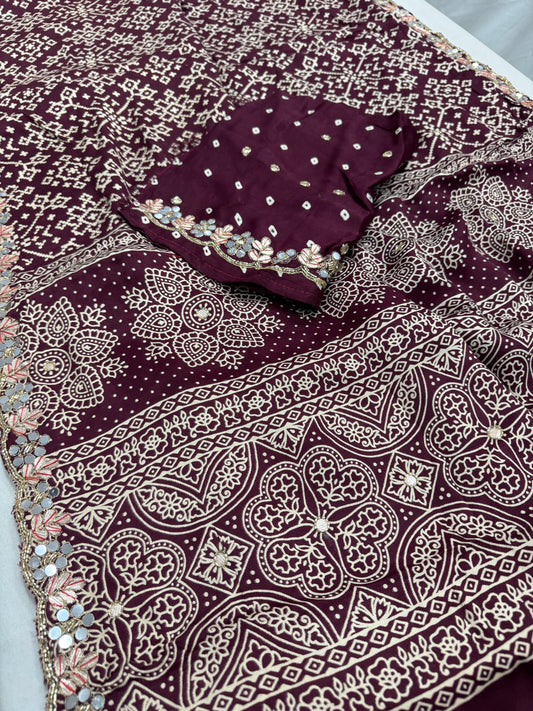 Aarthy : Maroon Modal Silk Ajrakh Saree with Hand Embroidery Work image 2