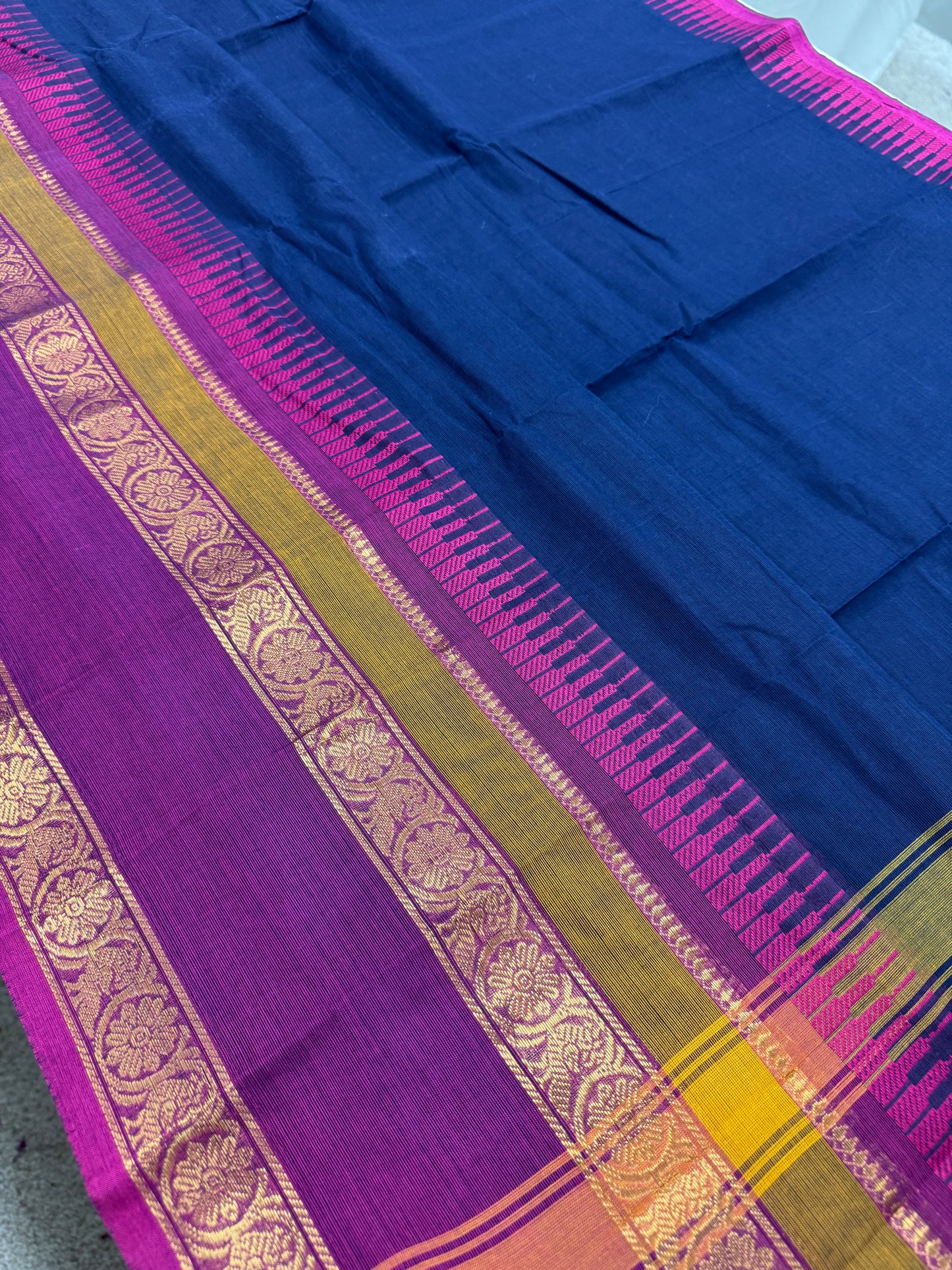 Meera : Handwoven Blue Cotton Kanjivaram Saree with Magenta Border image 2