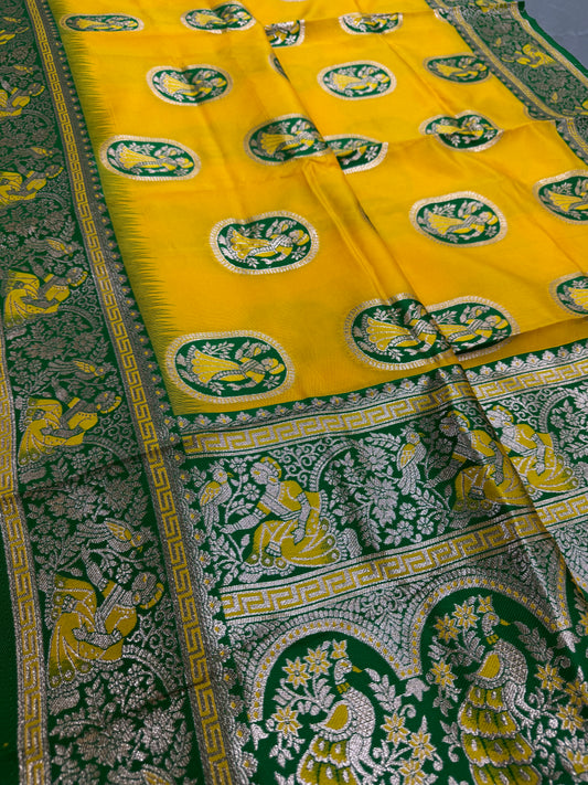 Pratima : Yellow and Green Baluchari Saree in Blended Silk image 0