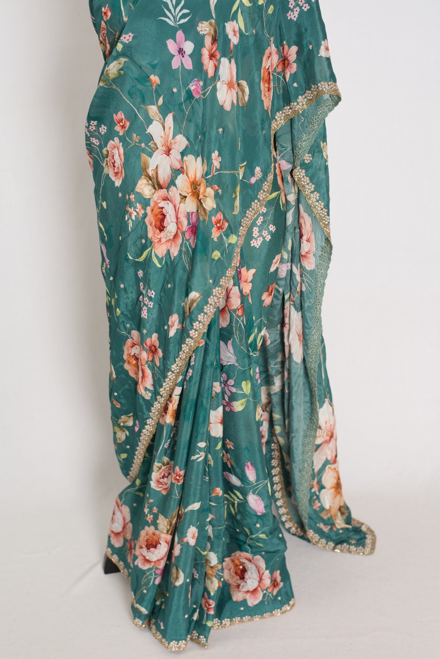 Afrin: Teal Floral Chinon Crepe Saree with Hand-Embroidered Pearl Border image 6