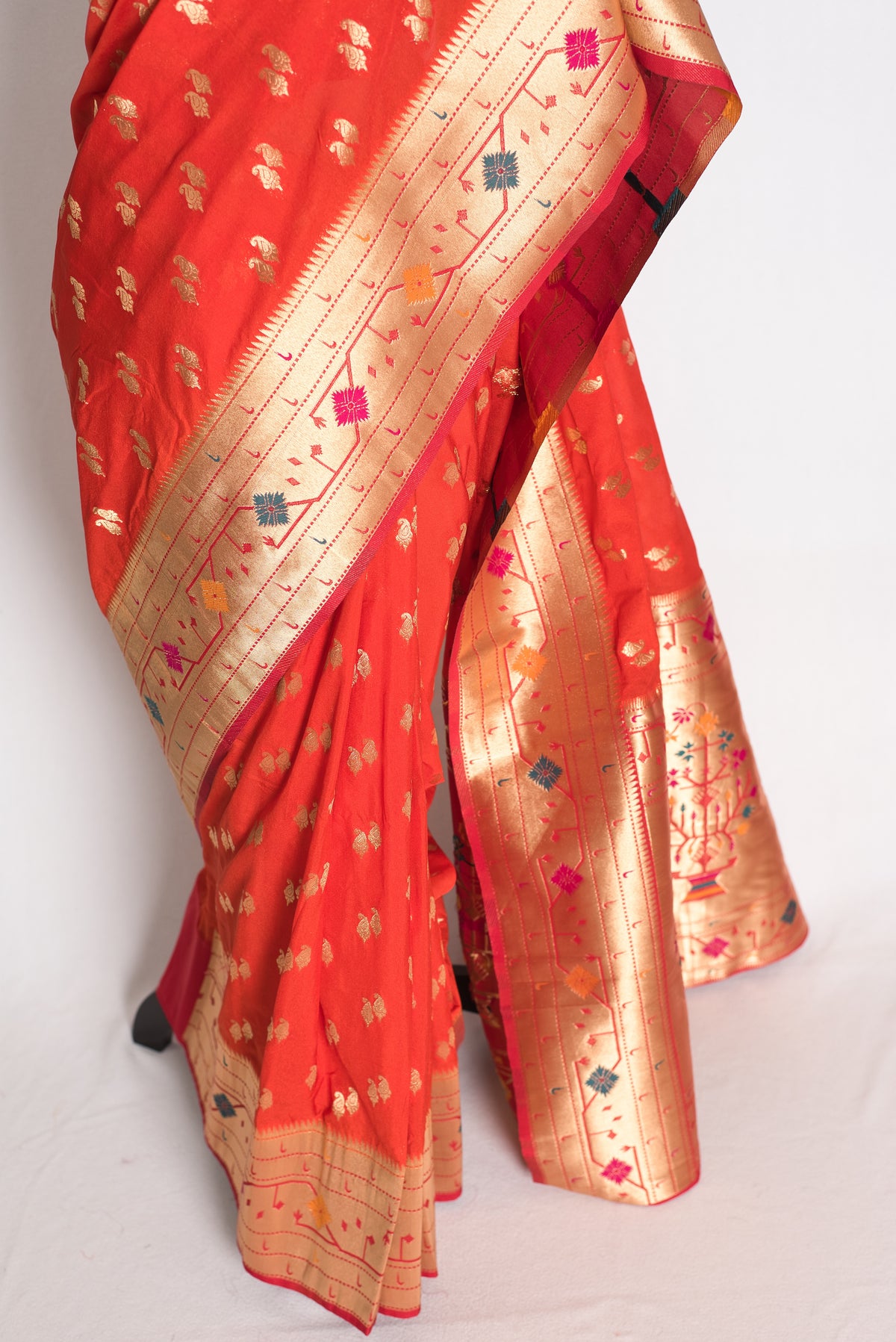 Vaishnavi: Orange and Gold Semi Silk Paithani Saree image 6