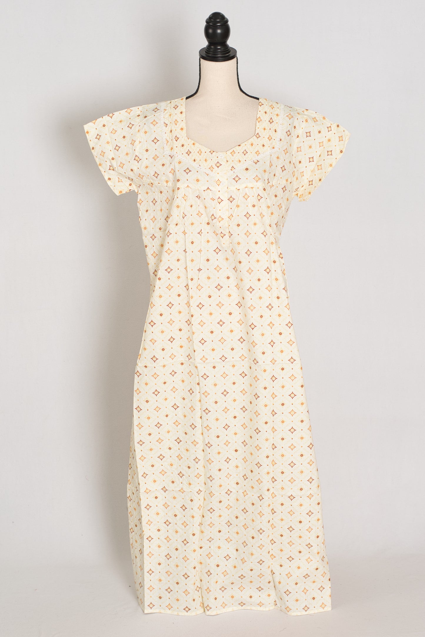Creamy Yellow Geometric Floral Print Pure Cotton Indian Nightgown image 1