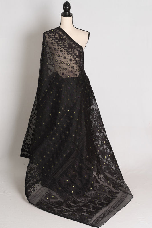 Koli : Midnight Black and Gold Soft Blended Cotton Bengali Jamdani Saree image 1
