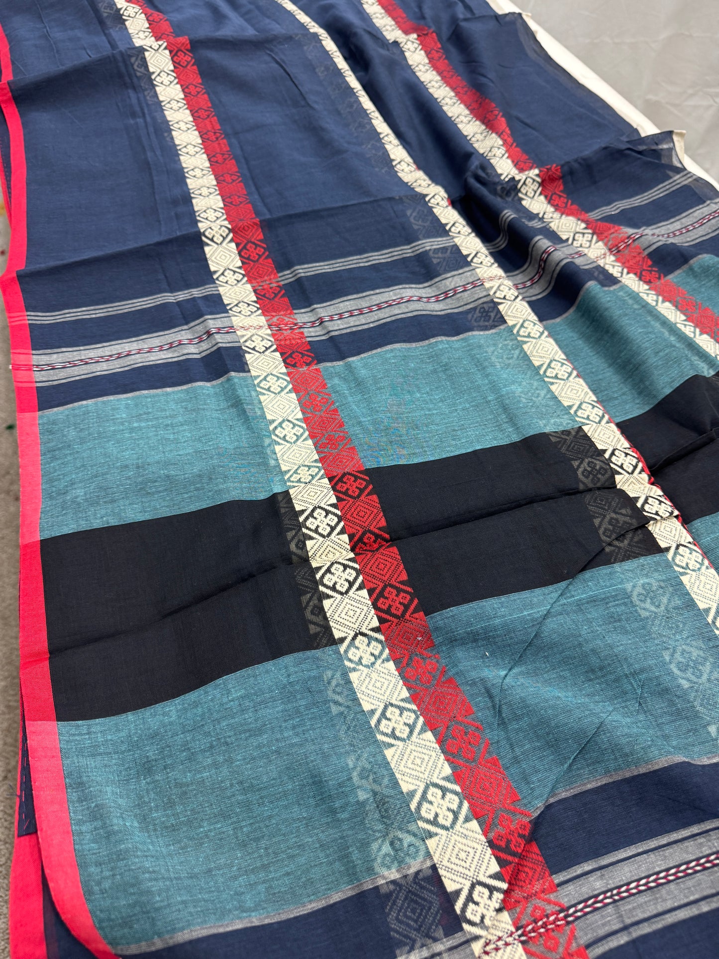 Neela : Blue and Red Horizontal Stripe Dhaniakhali Bengali Soft Cotton Saree image 1