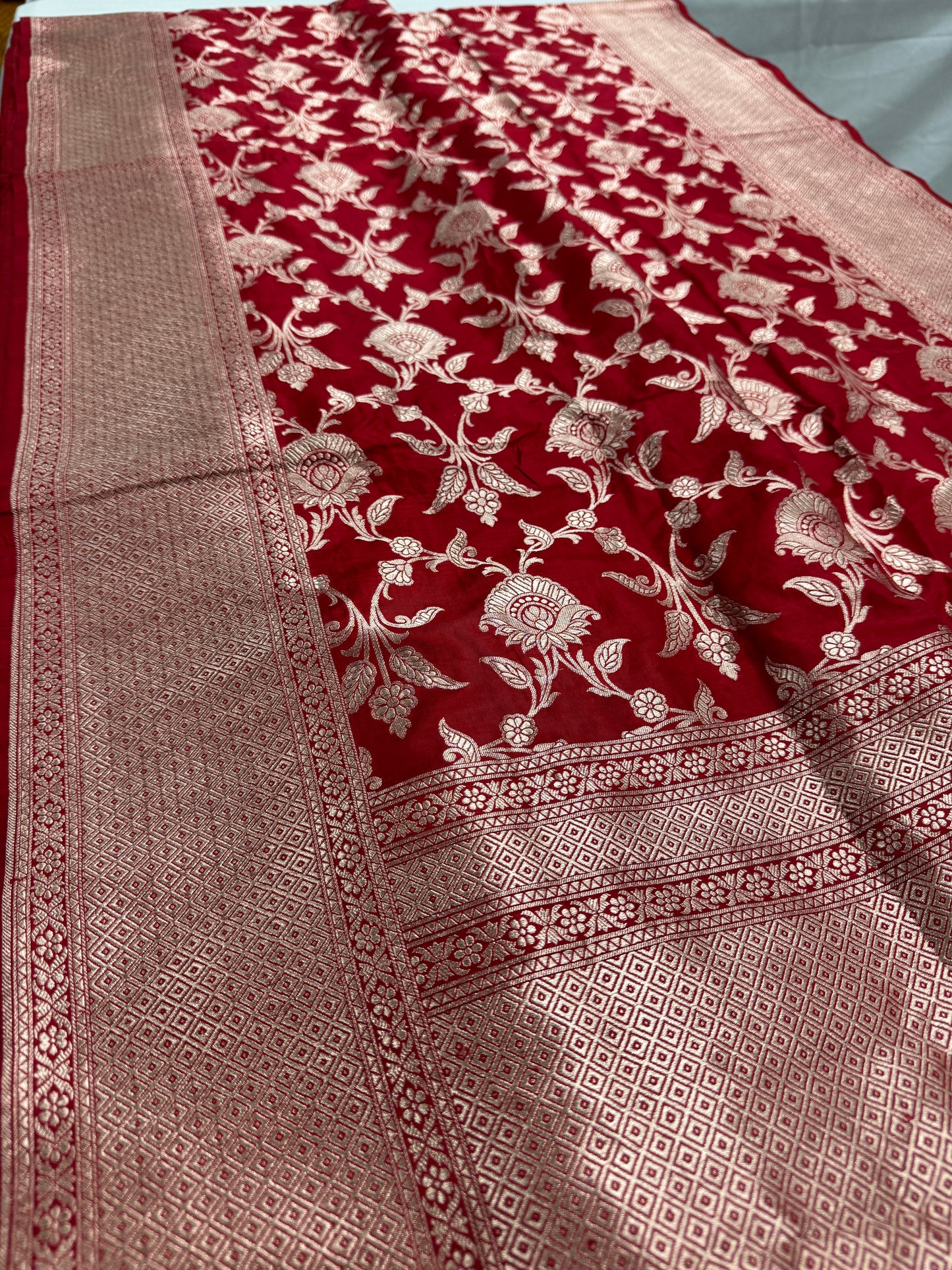Rukhmani : Silk Mark Certified Bridal Jaal Banarasi Katan Silk Saree in True Red image 4