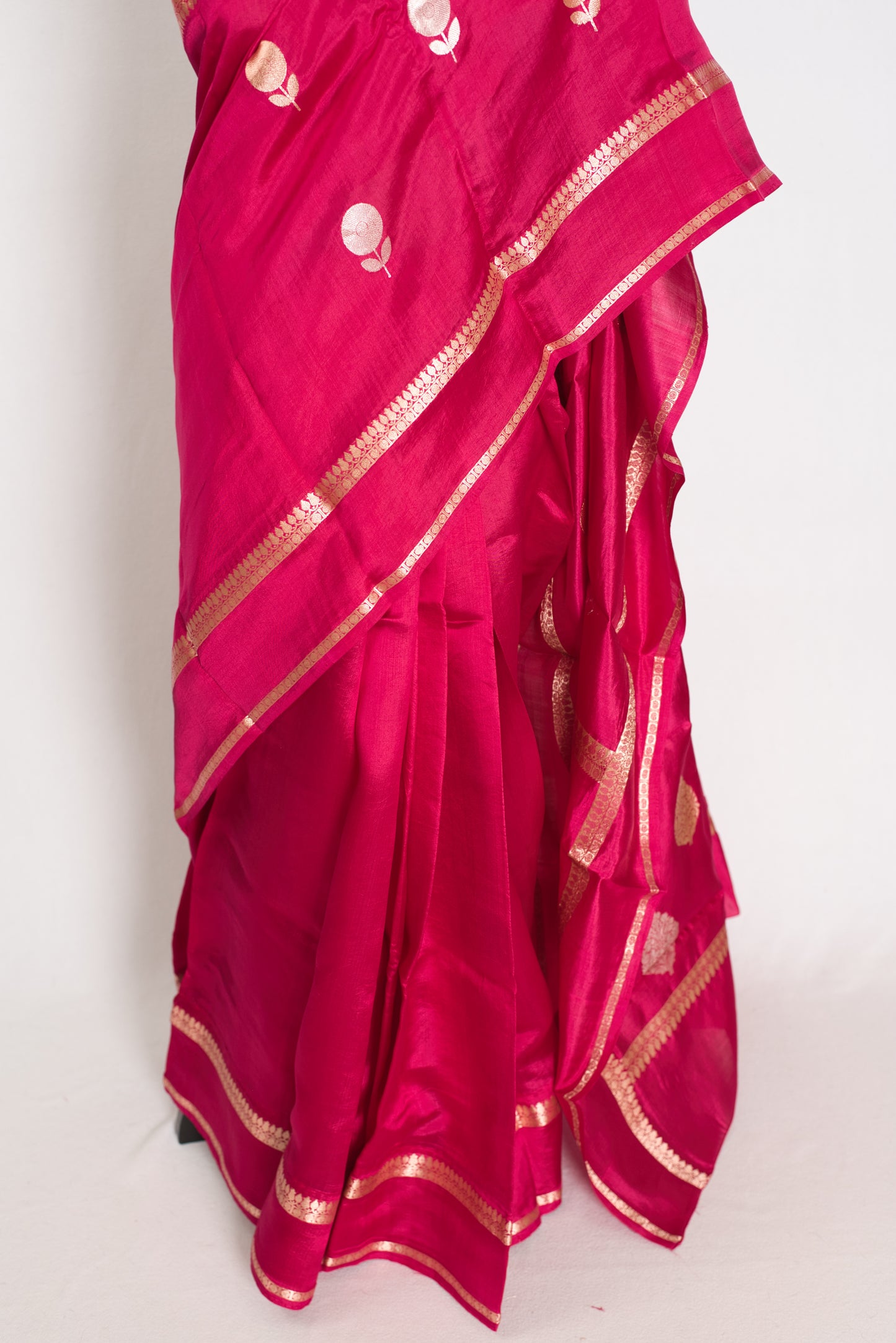 Gauri: Dark Pink Pure Katan Silk Banarasi Saree with Gold & Silver Zari Motifs image 6