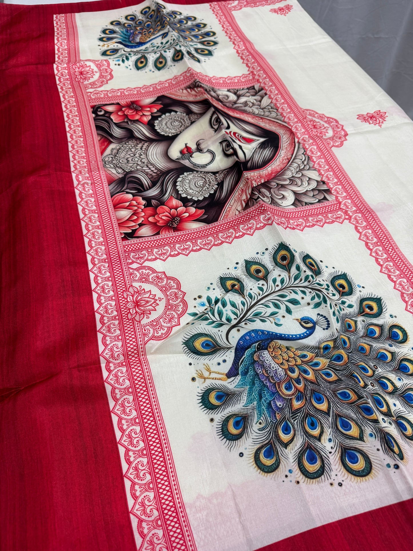 Durgaayana : Off-White and Red Semi Silk Printed Saree for Durga Puja image 2