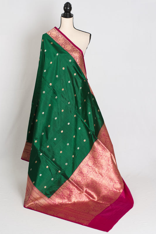 Mahi : Silk Mark Certified Katan Banarasi Saree in Green and Magenta image 1