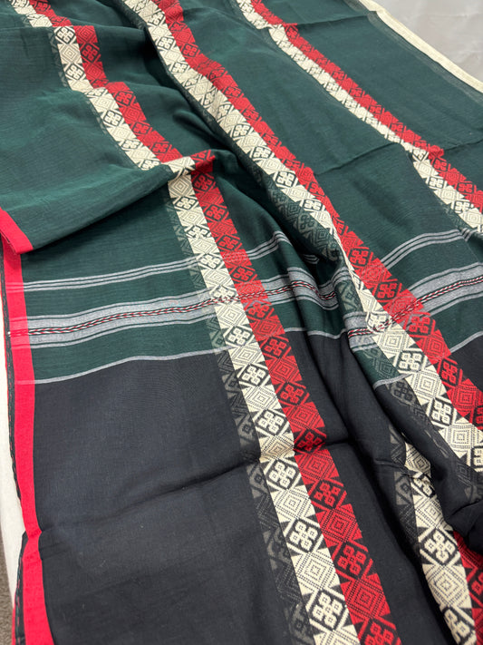 Meadow Melody :  Green Horizontal Stripe Bengali Soft Cotton Dhanekhali Saree image 0