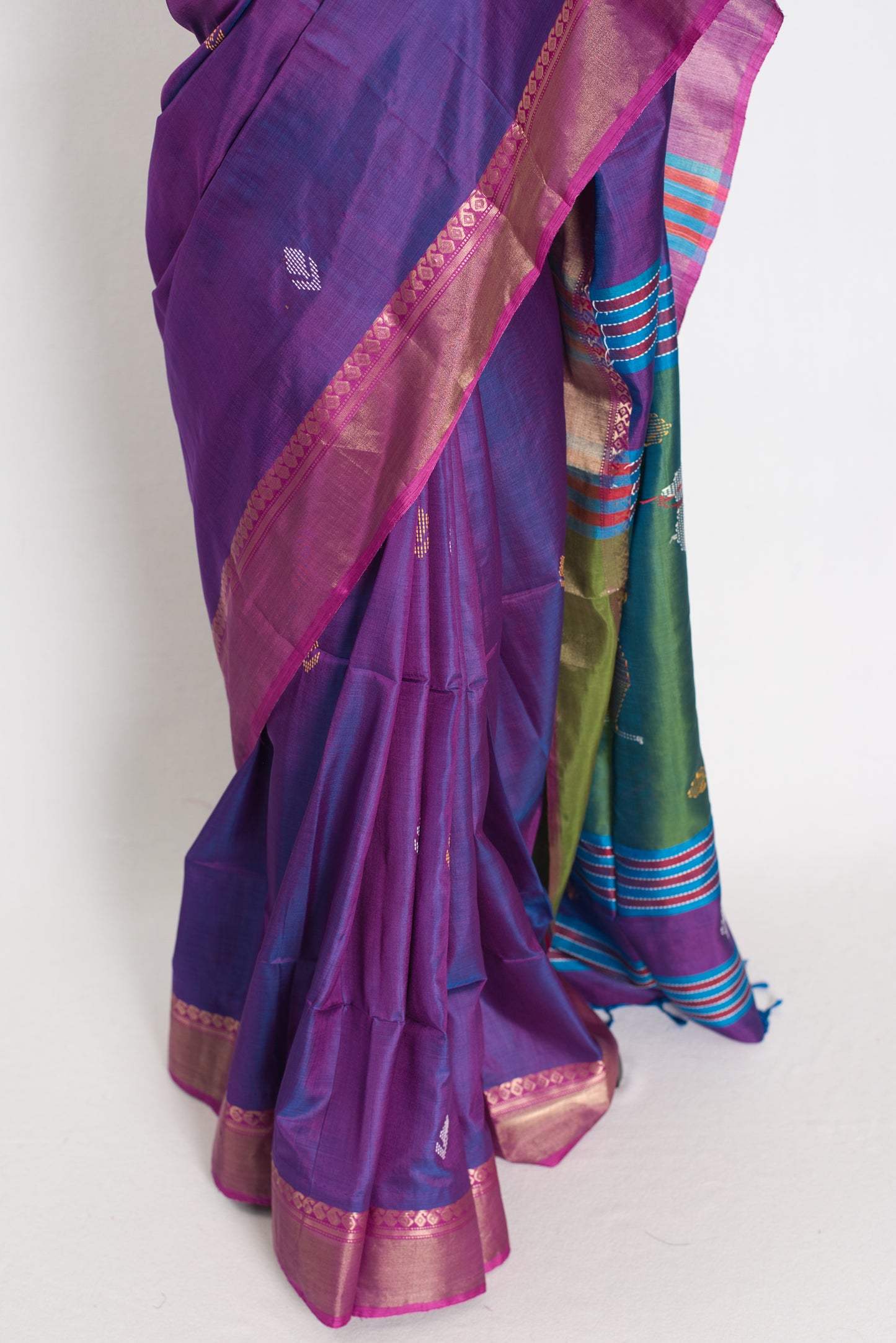Bani : Lightweight Bishnupur Katan Silk Saree in Purple and Green image 6