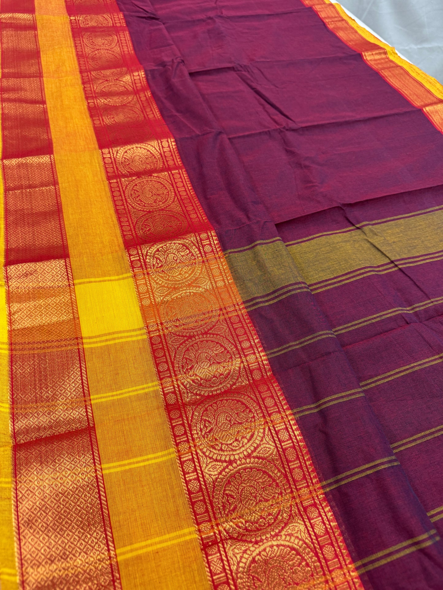 Mandira : Handwoven Kanchi Cotton Saree in Maroon and Yellow image 2