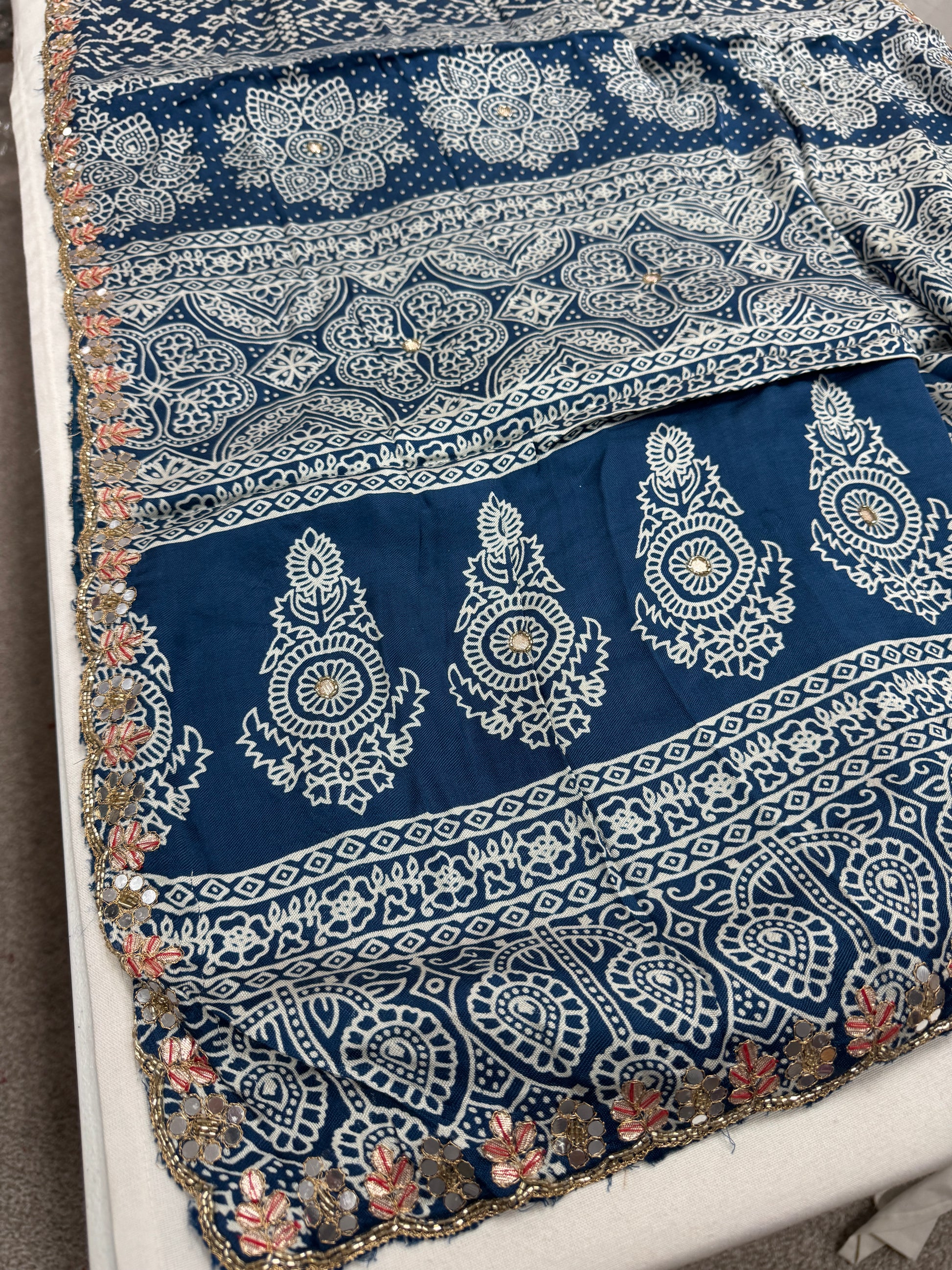 Neelima : Cobalt Blue Modal Silk Ajrakh Saree with Hand Embroidery Work image 2
