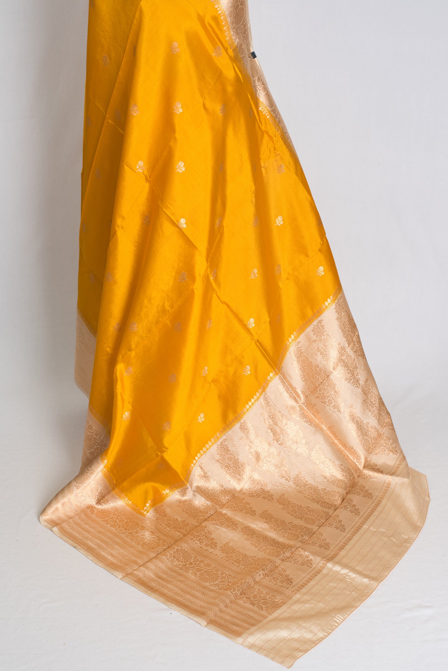 Swarnima : Silk Mark Certified Golden Yellow and Cream Satin Silk Banarasi Saree image 3