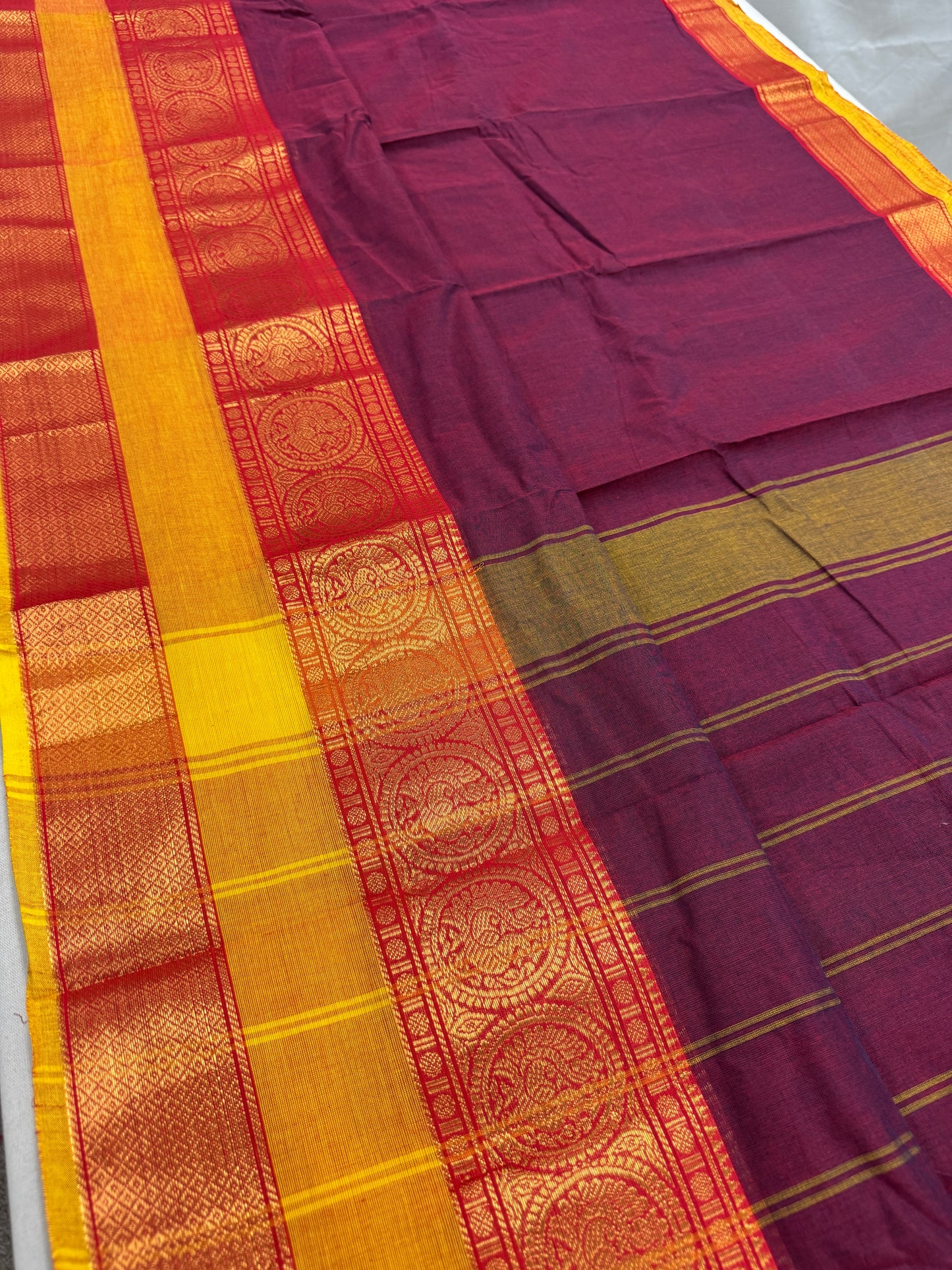 Mandira : Handwoven Kanchi Cotton Saree in Maroon and Yellow image 3
