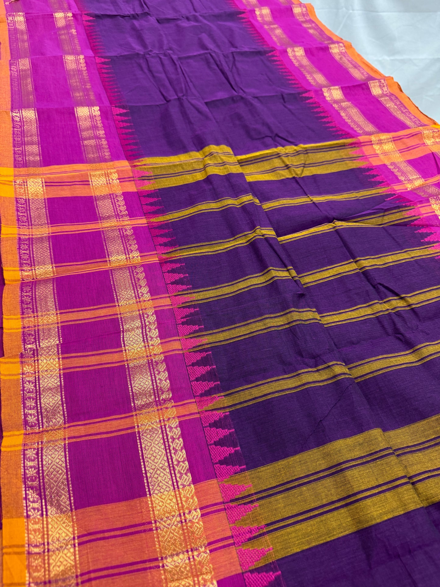 Bina : Handwoven Kanchi Cotton Saree in Purple and Rani Pink image 2