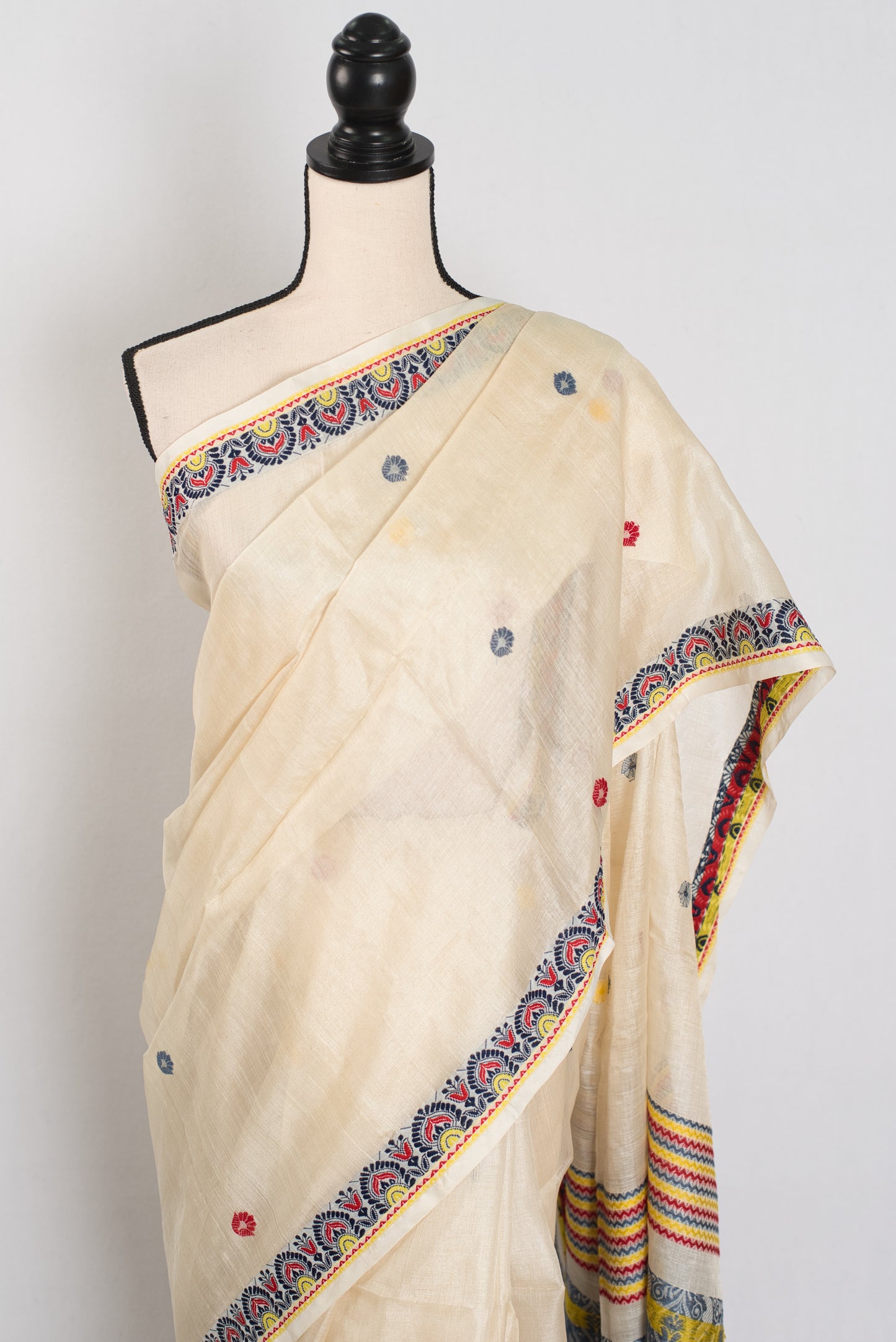 Moni: Cream & Black Bengal Tussar Silk Saree | Small Border Design image 6