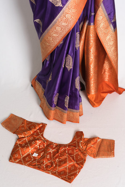 Bani: Purple and Orange Semi Mashru Banarasi Silk Saree with 36 Size Blouse image 1